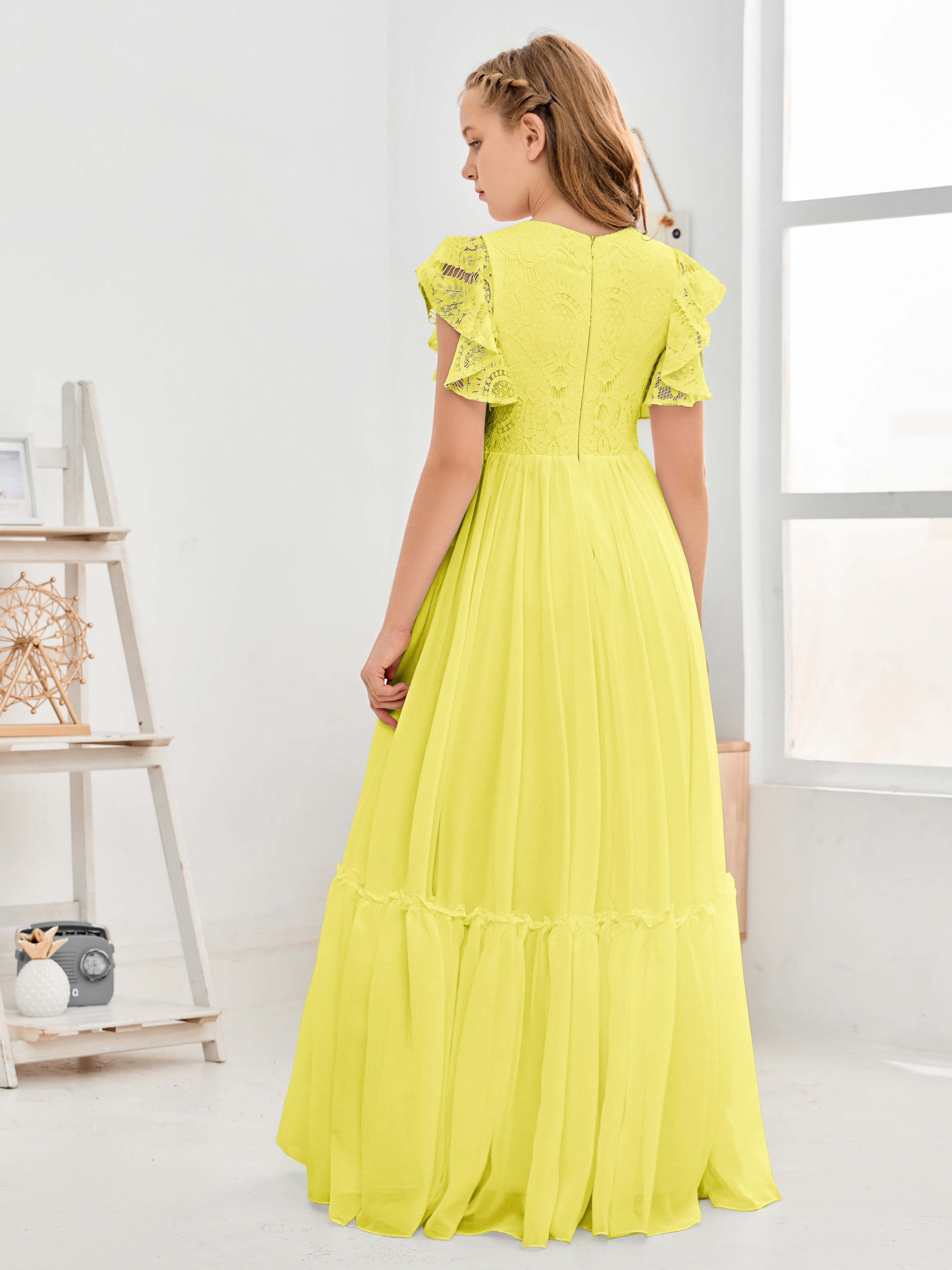 Cap Sleeves A Line Lace Top Junior Chiffon Bridesmaid Dress