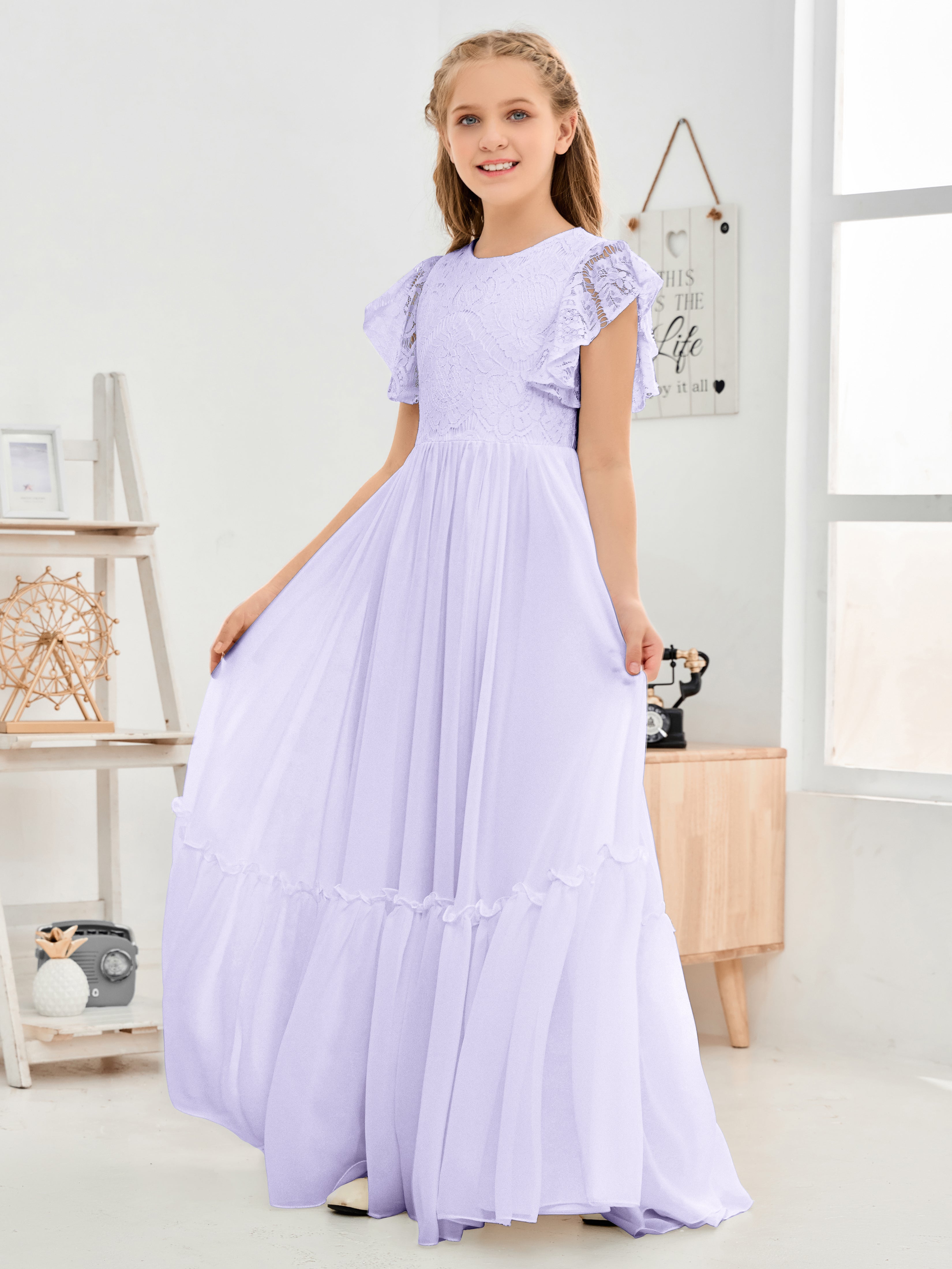 Cap Sleeves A Line Lace Top Junior Chiffon Bridesmaid Dress