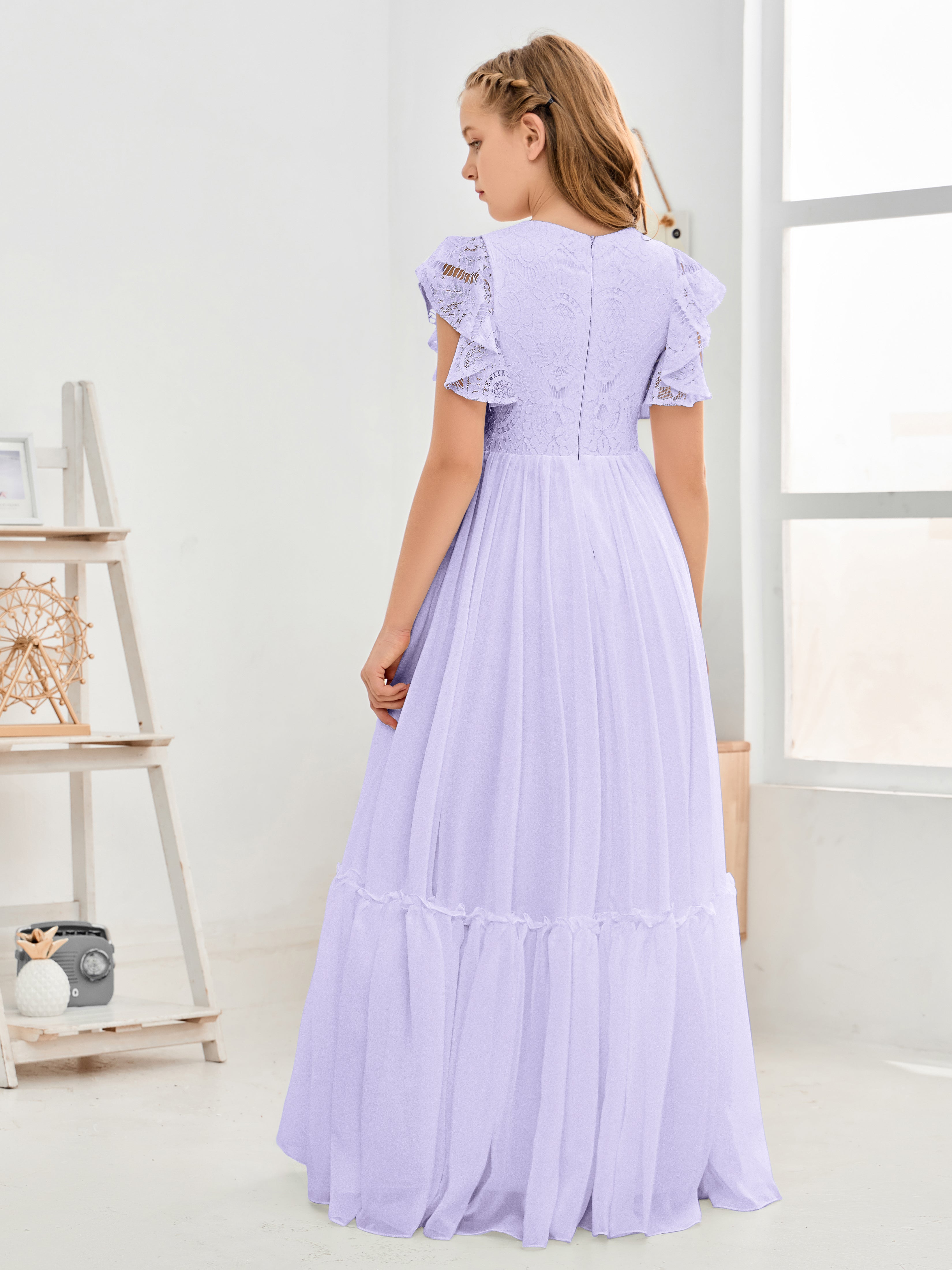 Cap Sleeves A Line Lace Top Junior Chiffon Bridesmaid Dress