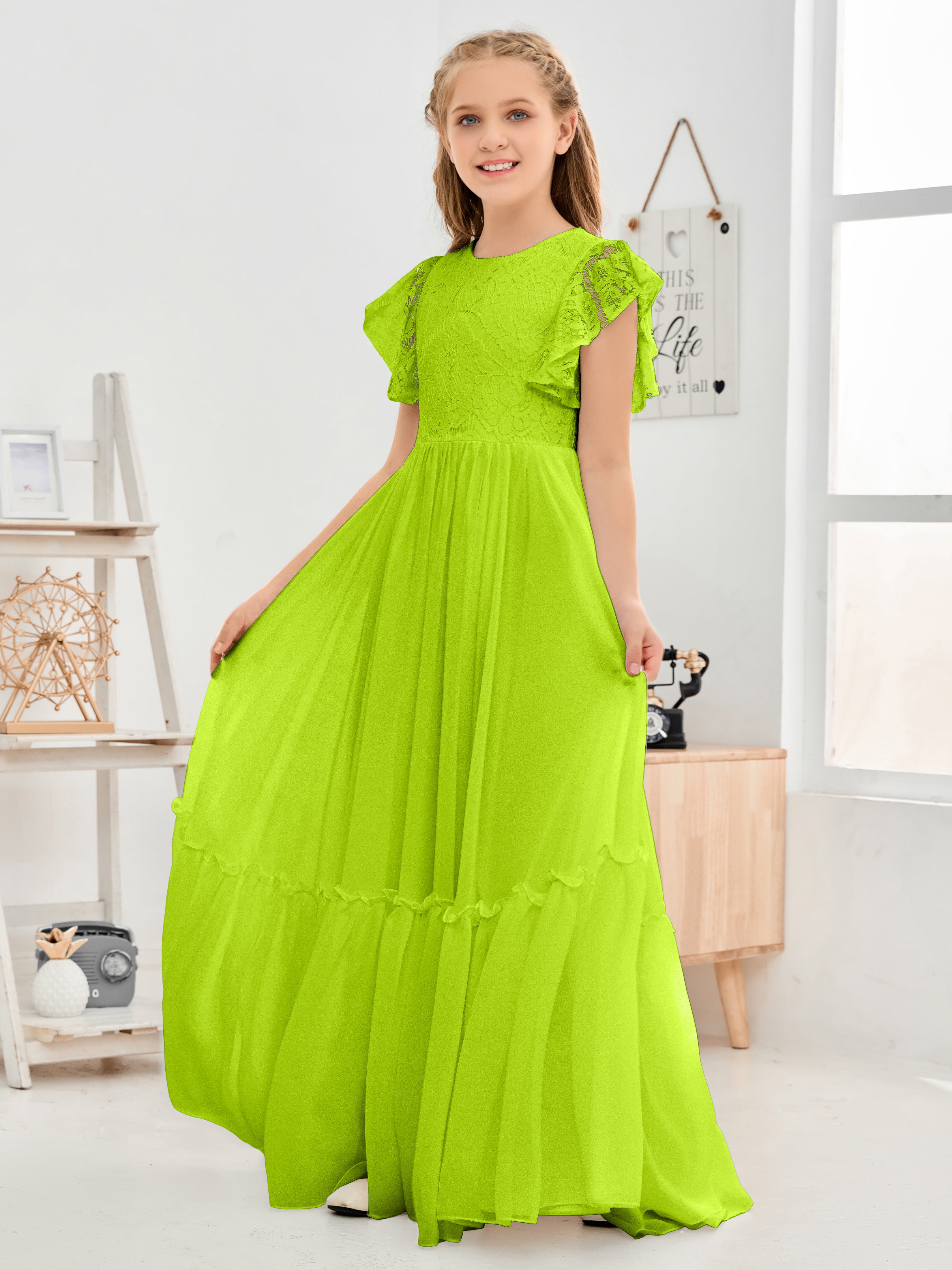 Cap Sleeves A Line Lace Top Junior Chiffon Bridesmaid Dress