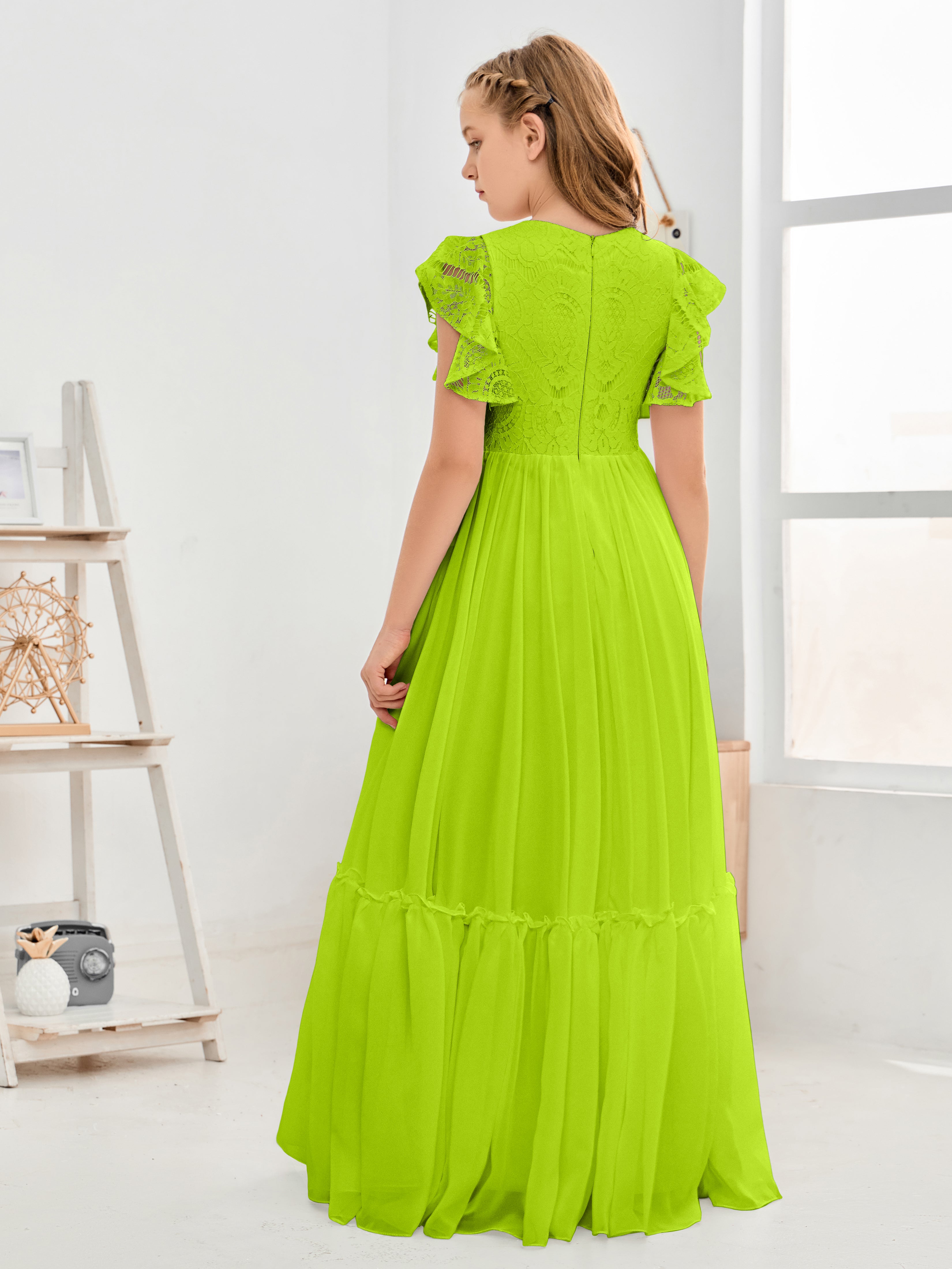 Cap Sleeves A Line Lace Top Junior Chiffon Bridesmaid Dress