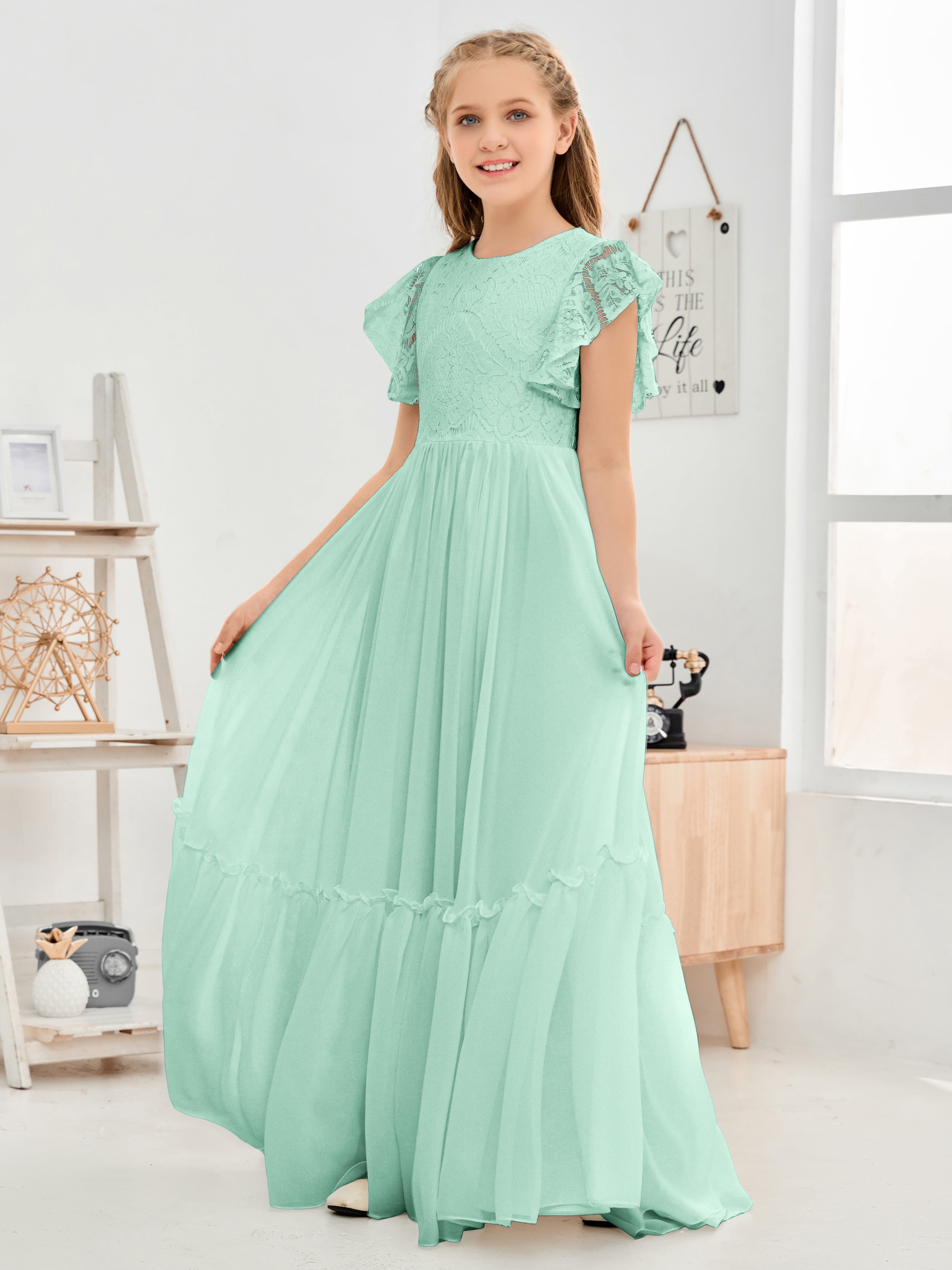 Cap Sleeves A Line Lace Top Junior Chiffon Bridesmaid Dress