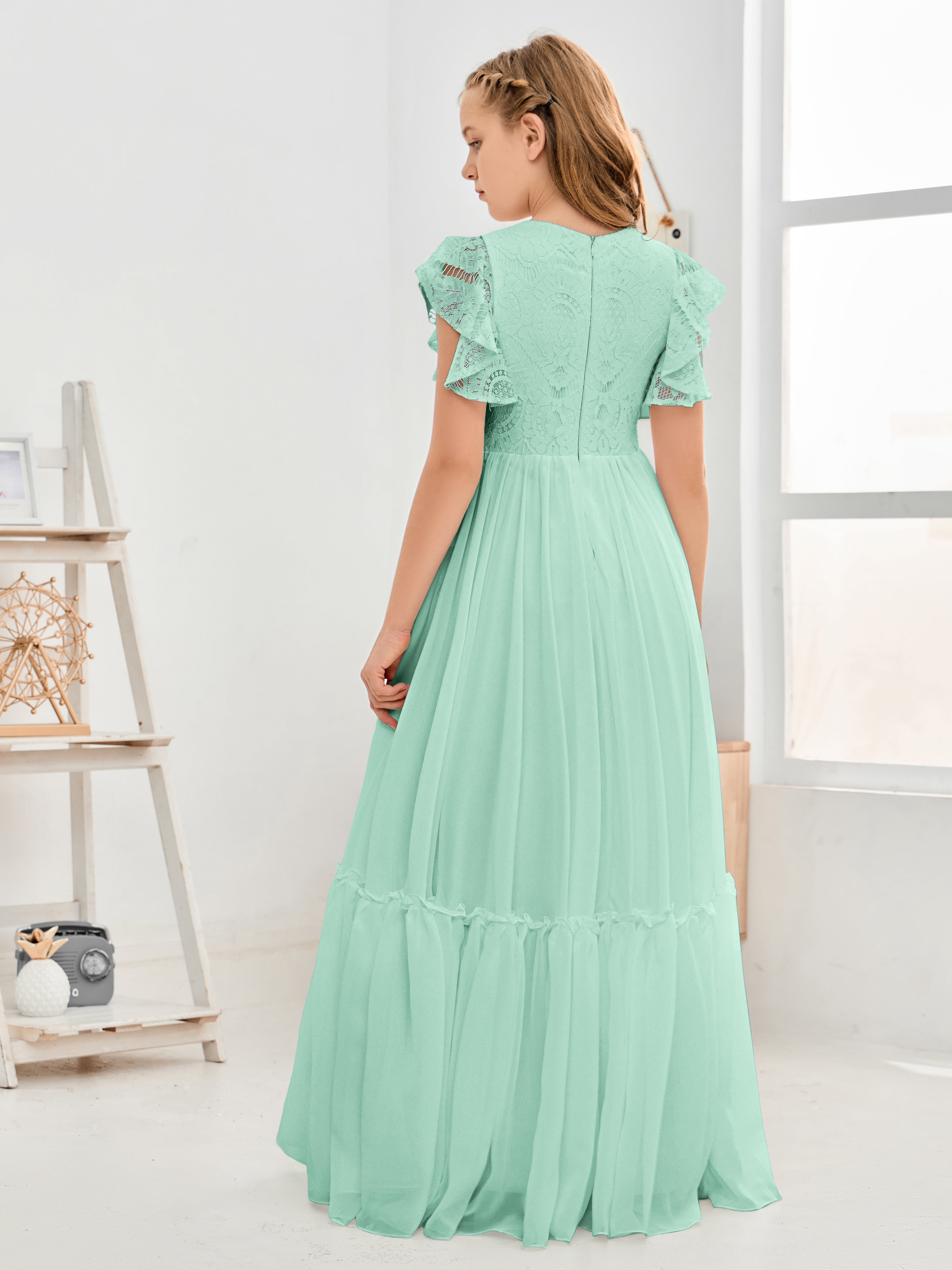 Cap Sleeves A Line Lace Top Junior Chiffon Bridesmaid Dress