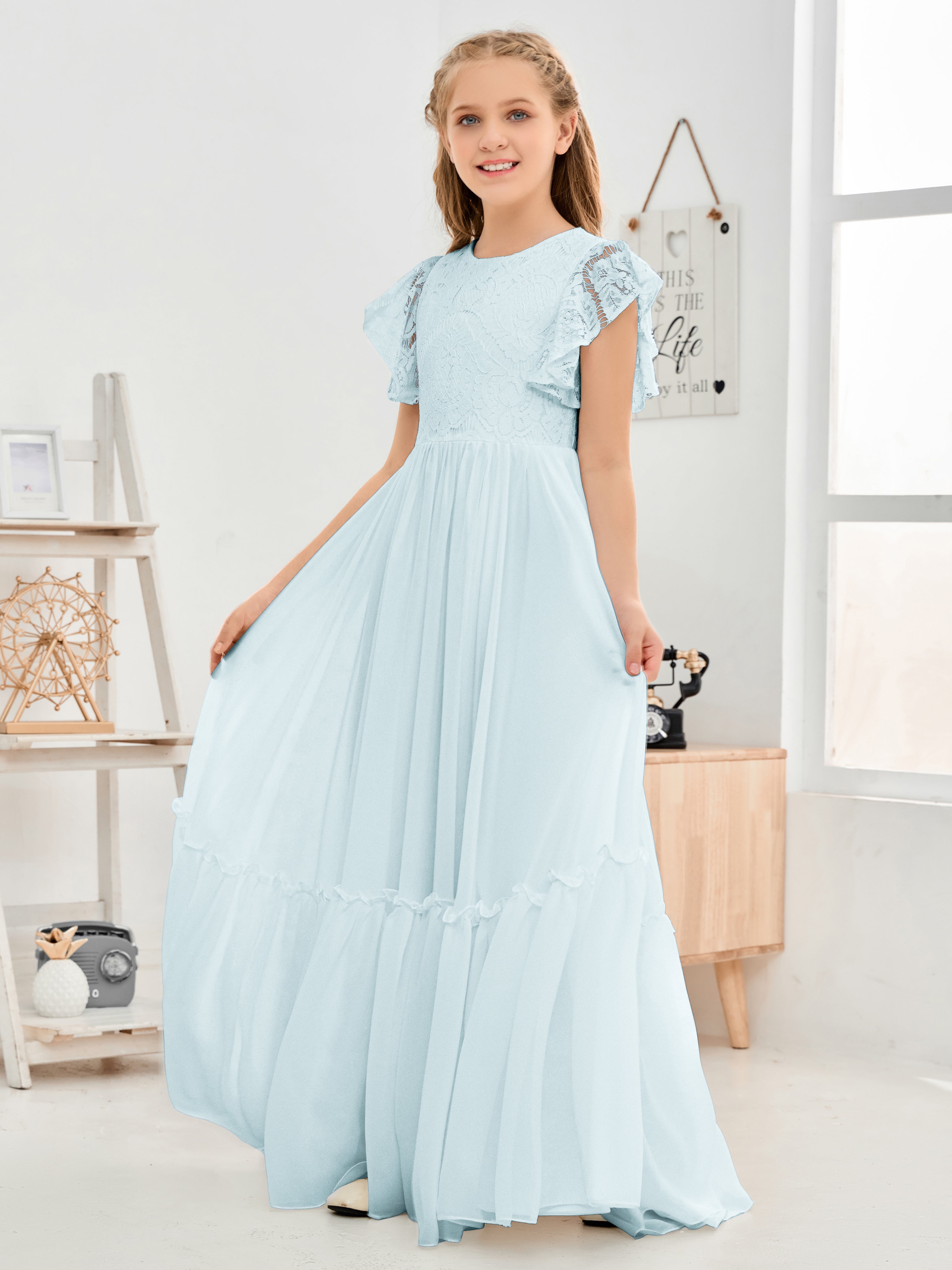 Cap Sleeves A Line Lace Top Junior Chiffon Bridesmaid Dress