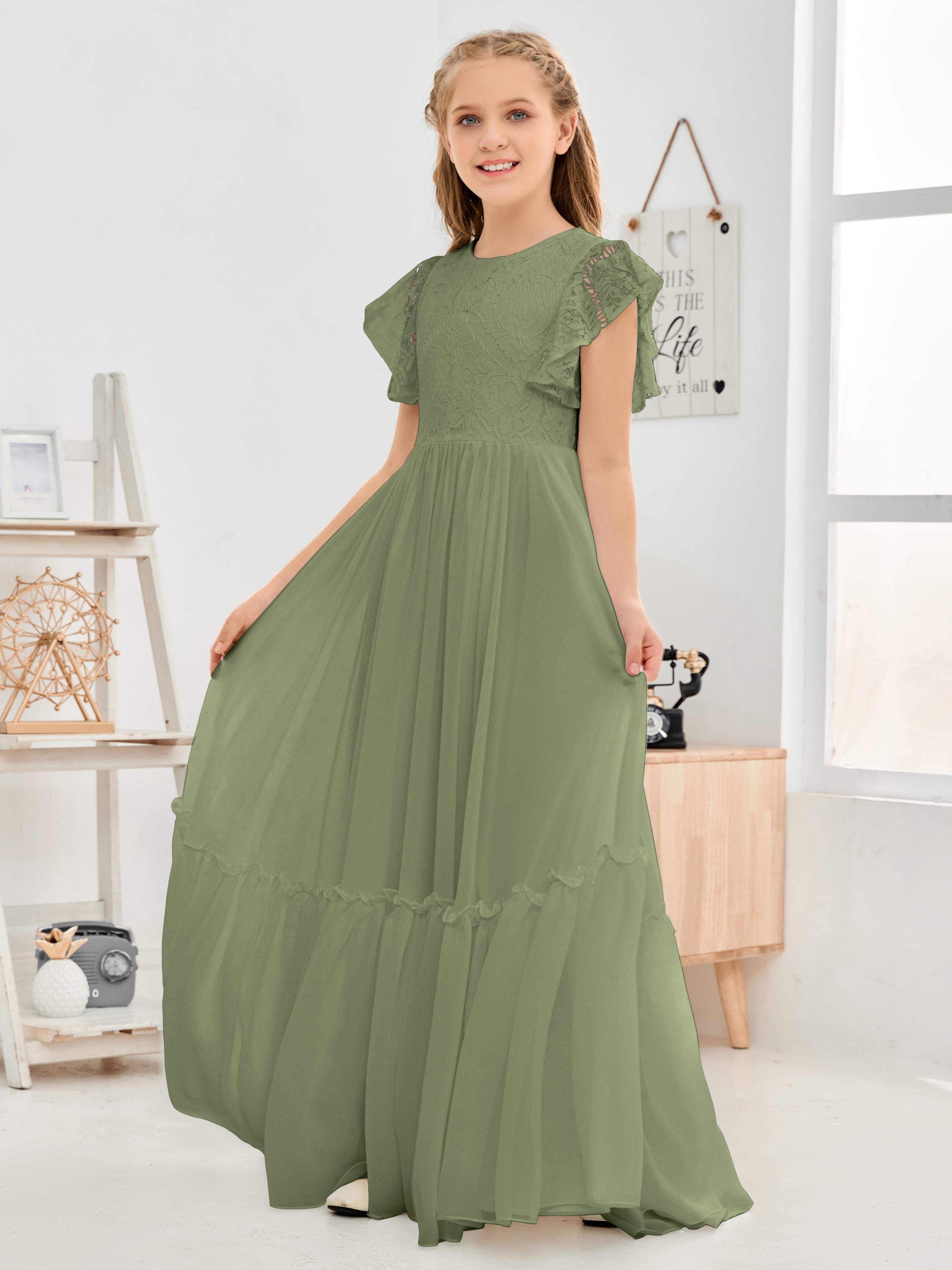 Cap Sleeves A Line Lace Top Junior Chiffon Bridesmaid Dress