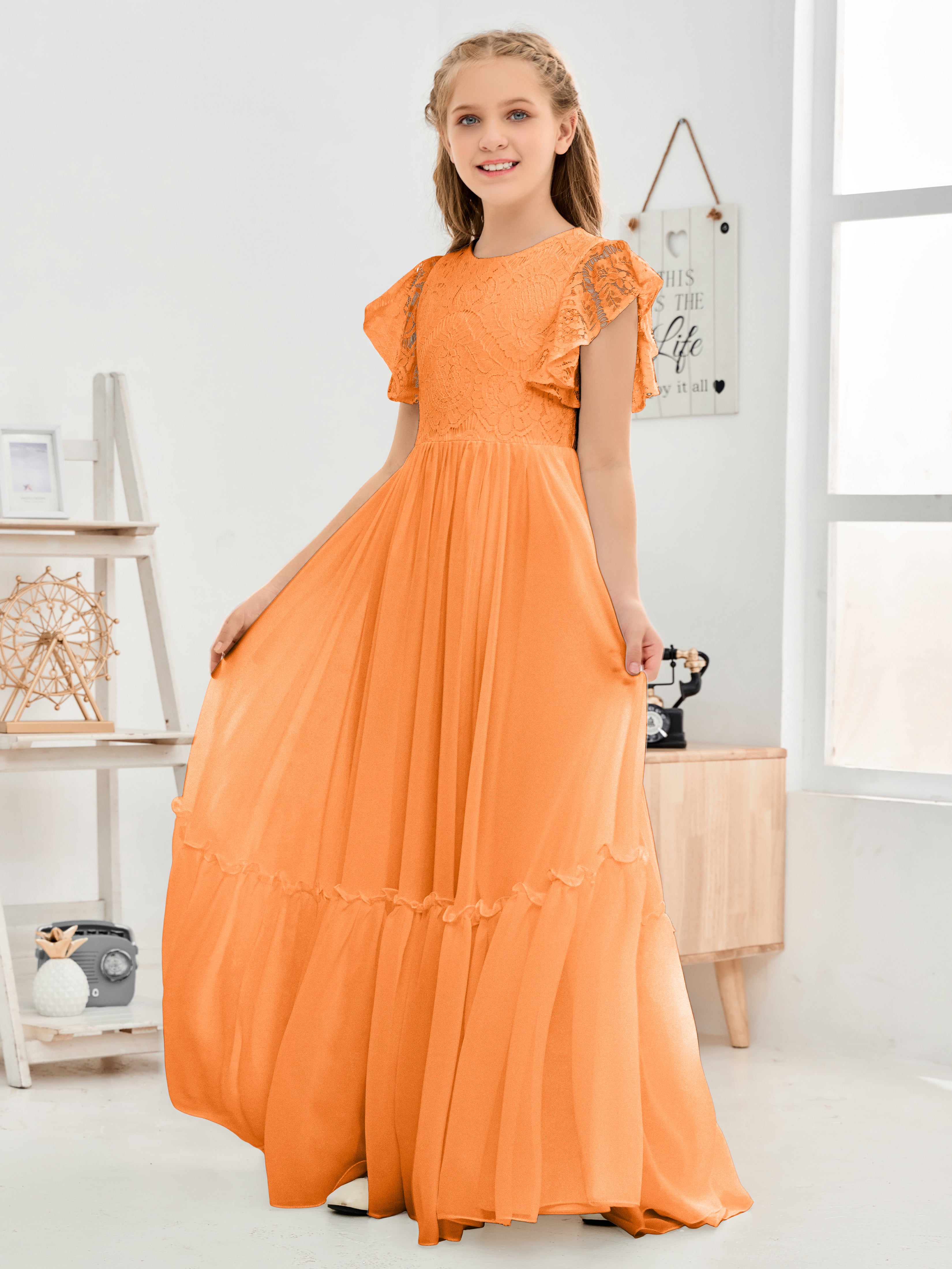 Cap Sleeves A Line Lace Top Junior Chiffon Bridesmaid Dress