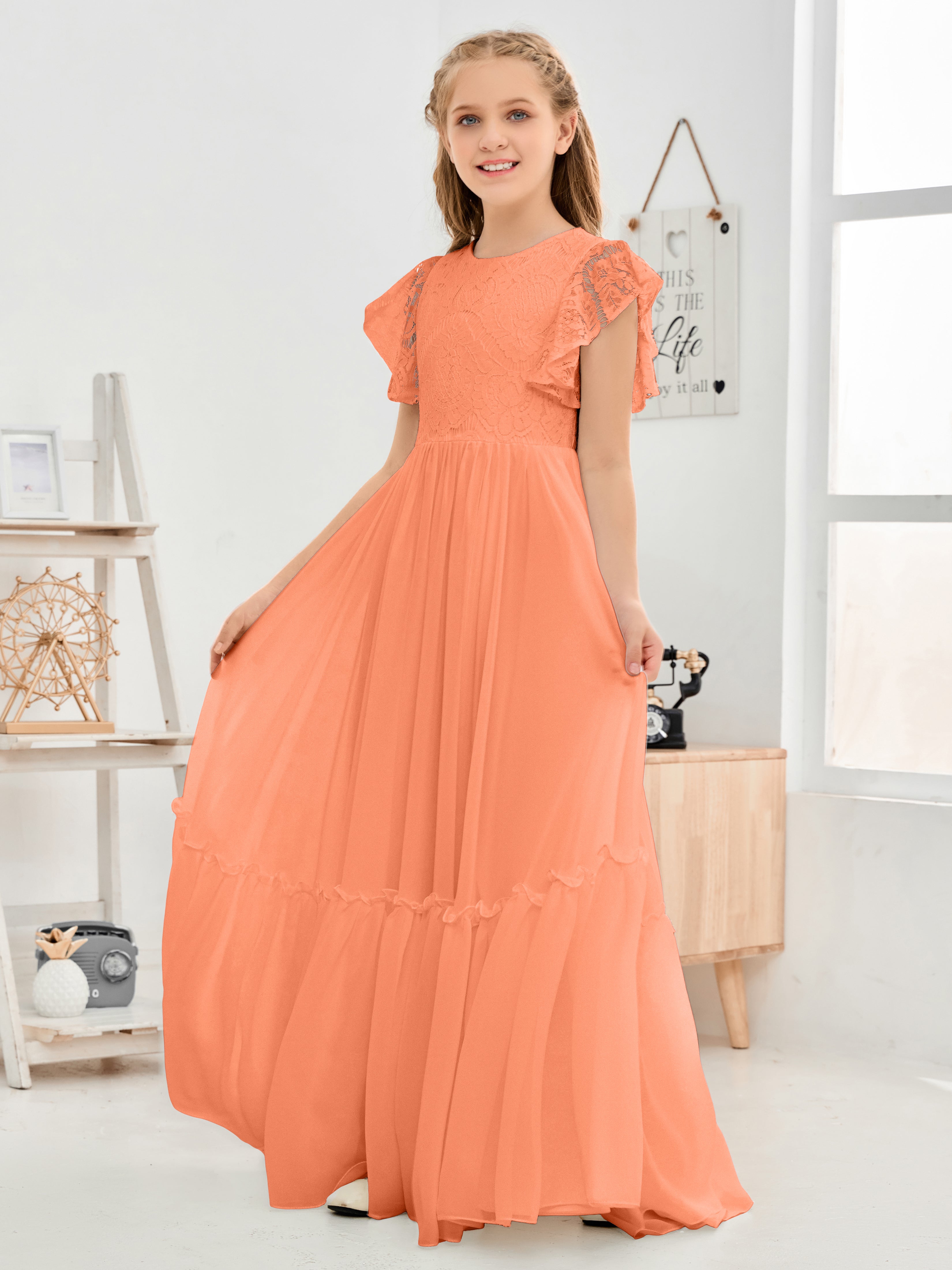 Cap Sleeves A Line Lace Top Junior Chiffon Bridesmaid Dress