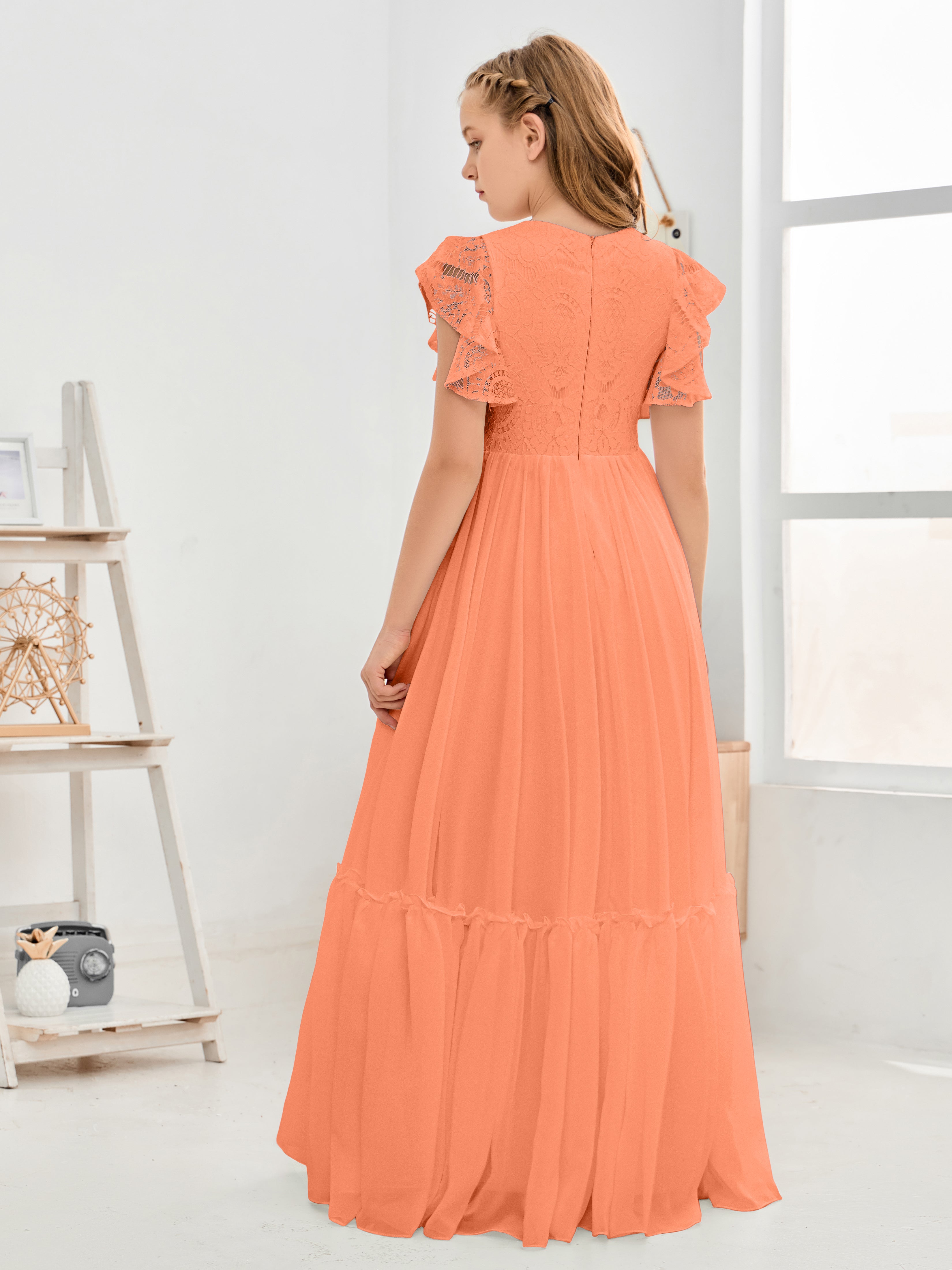 Cap Sleeves A Line Lace Top Junior Chiffon Bridesmaid Dress