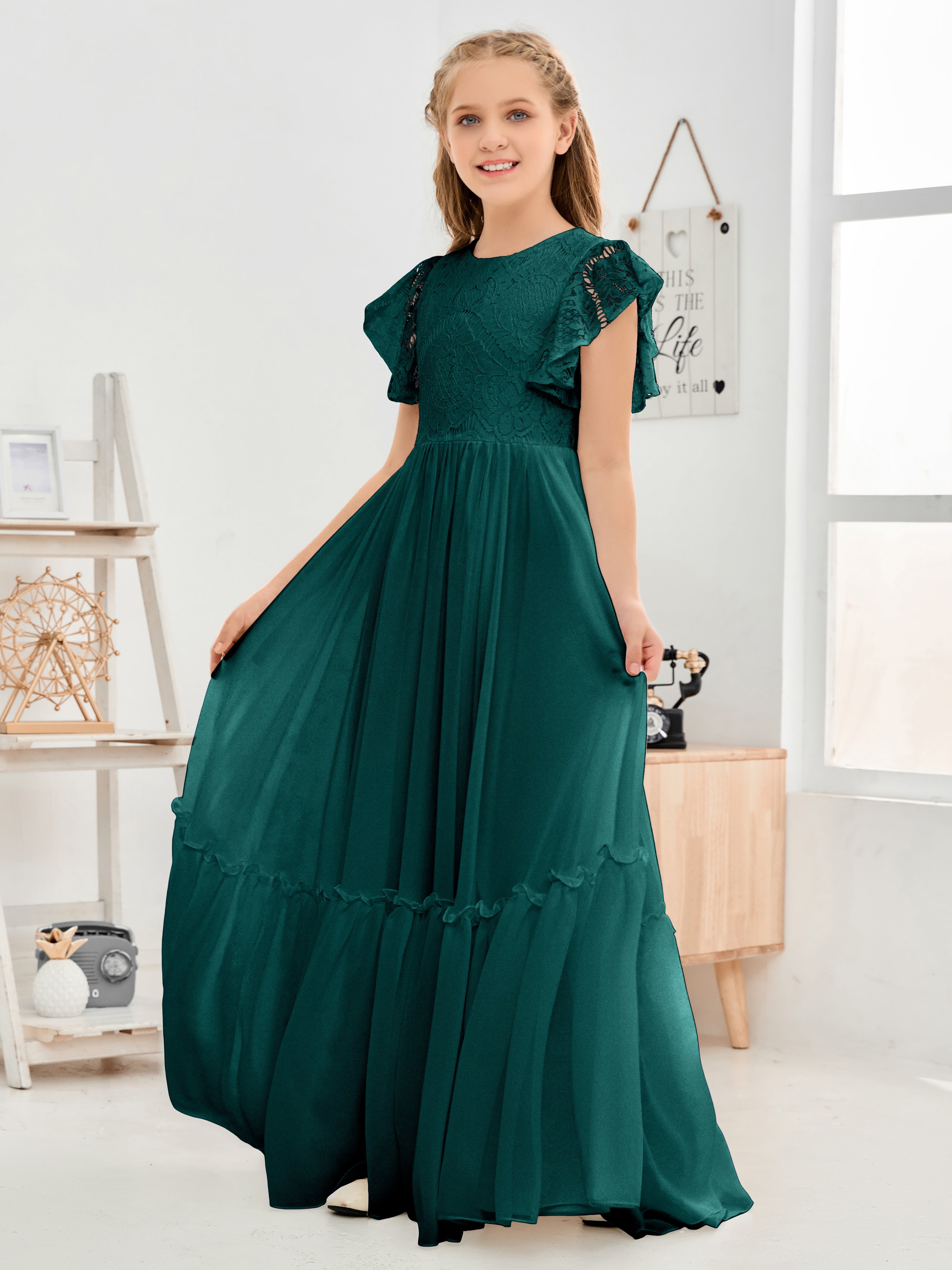 Cap Sleeves A Line Lace Top Junior Chiffon Bridesmaid Dress