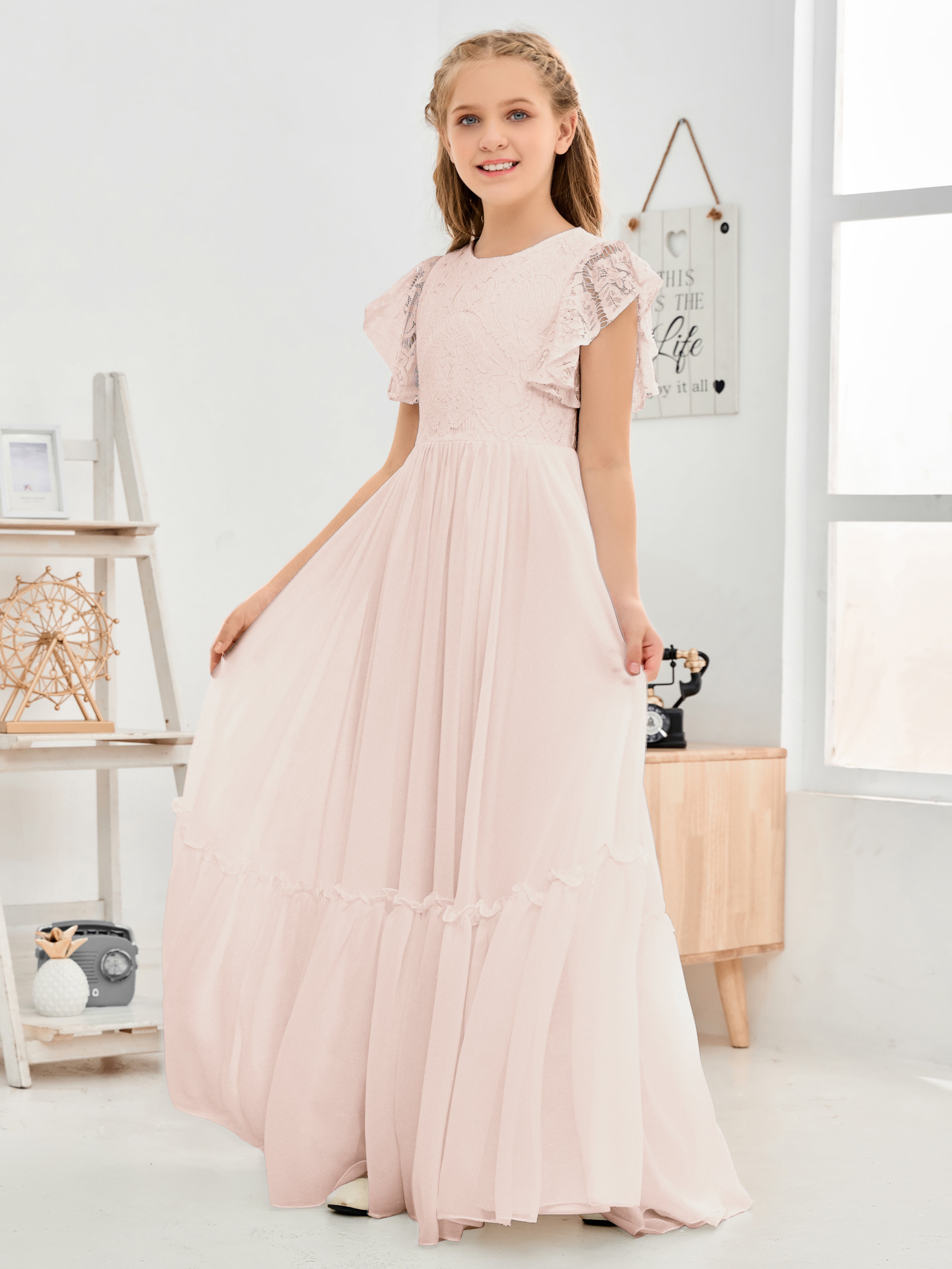 Cap Sleeves A Line Lace Top Junior Chiffon Bridesmaid Dress