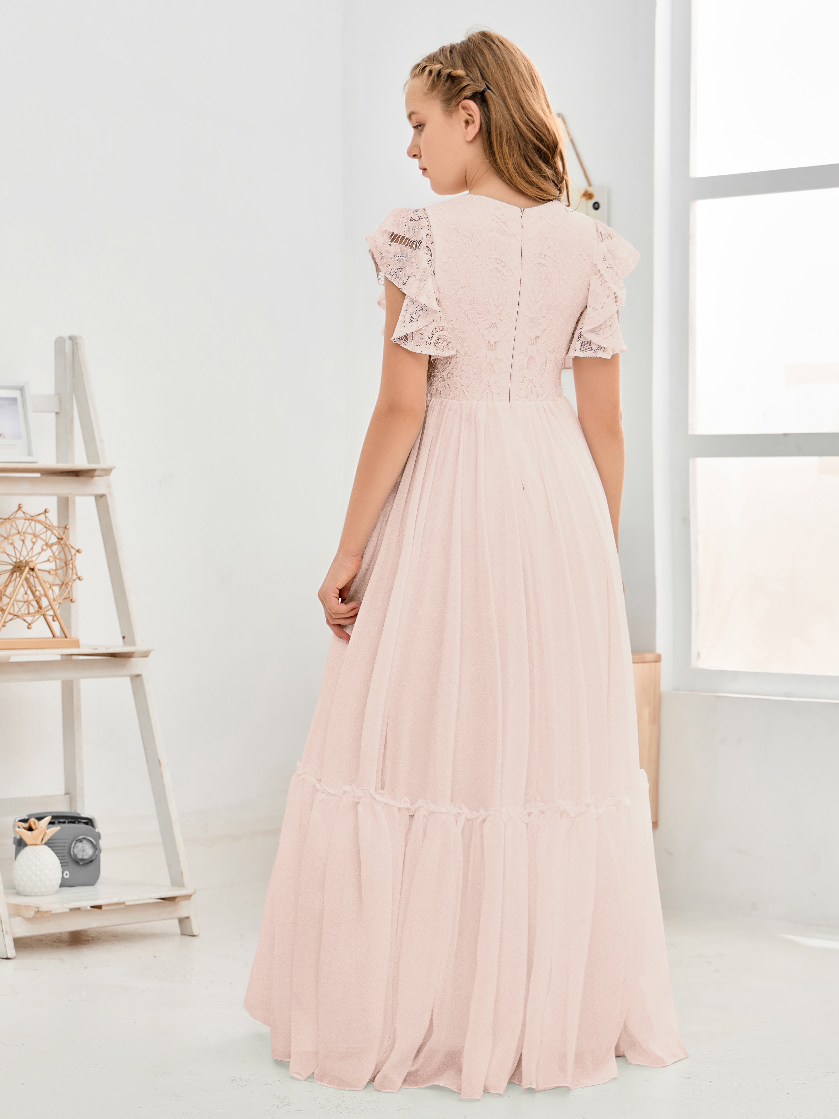 Cap Sleeves A Line Lace Top Junior Chiffon Bridesmaid Dress