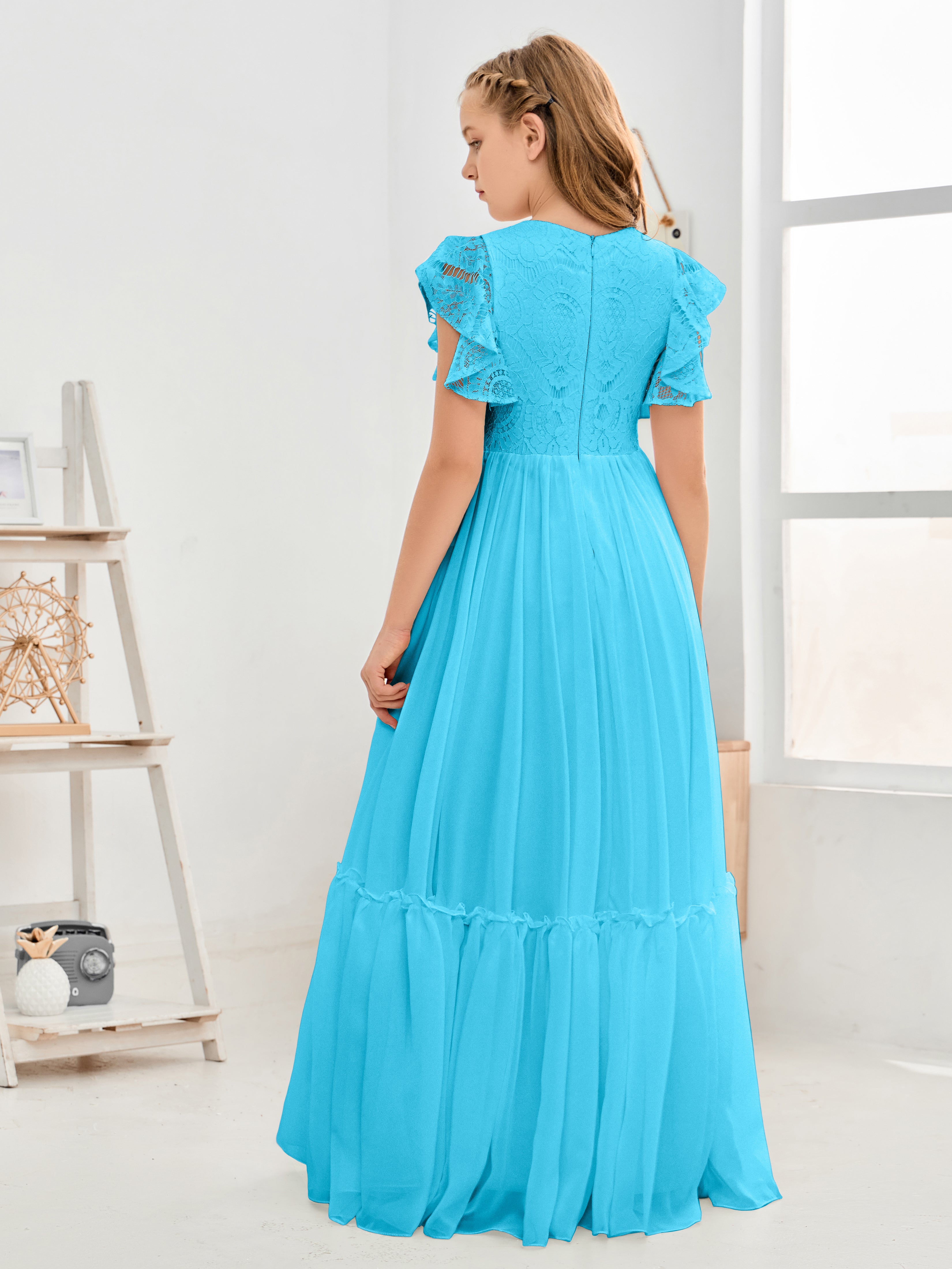 Cap Sleeves A Line Lace Top Junior Chiffon Bridesmaid Dress