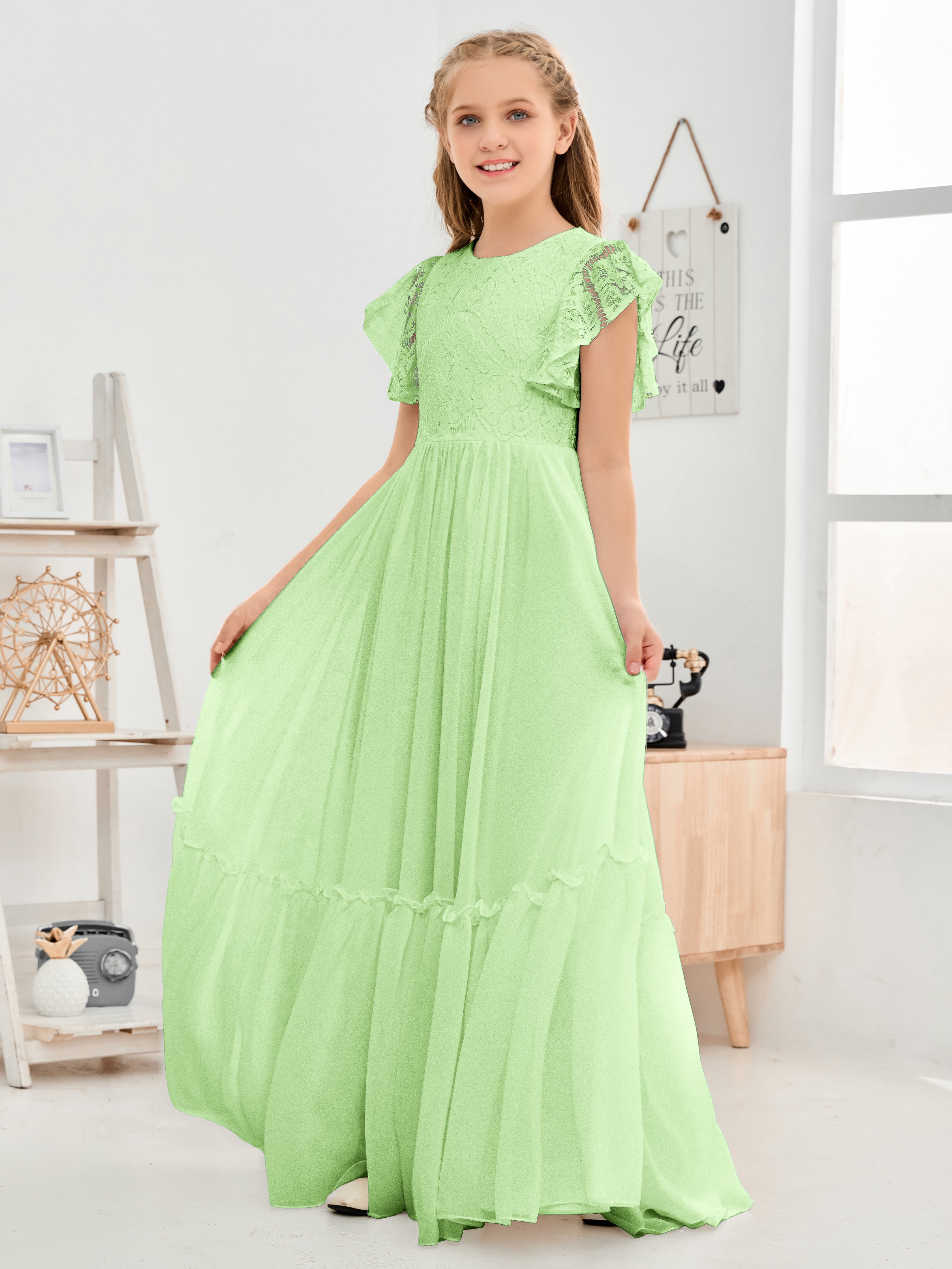 Cap Sleeves A Line Lace Top Junior Chiffon Bridesmaid Dress