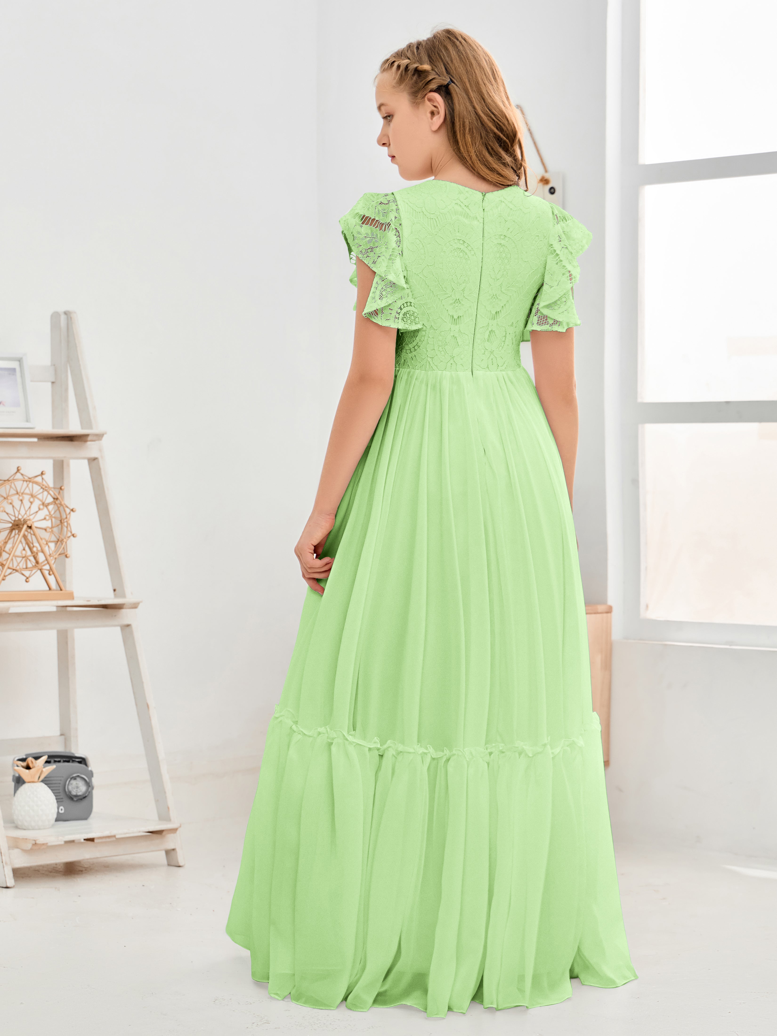 Cap Sleeves A Line Lace Top Junior Chiffon Bridesmaid Dress