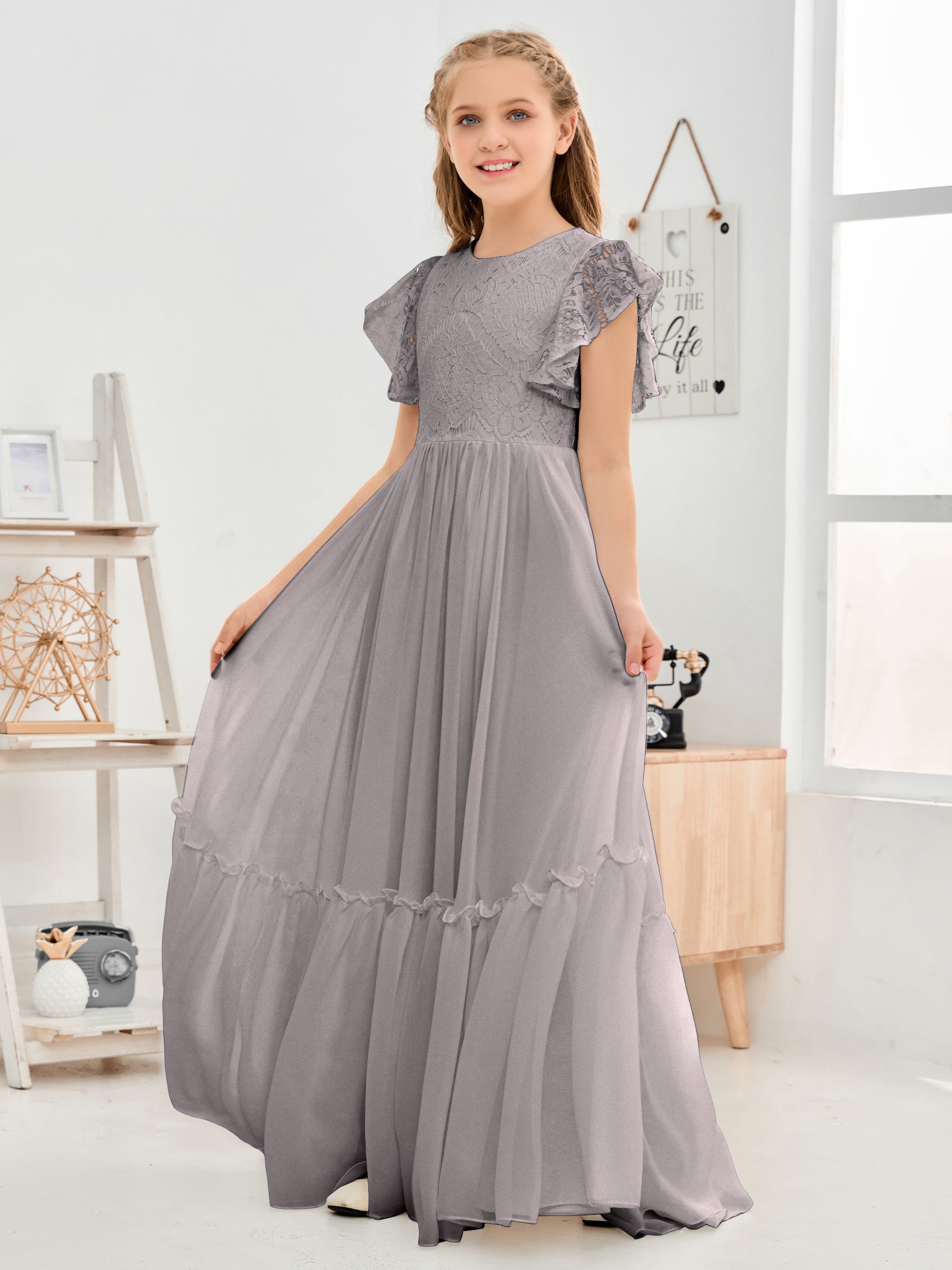 Cap Sleeves A Line Lace Top Junior Chiffon Bridesmaid Dress