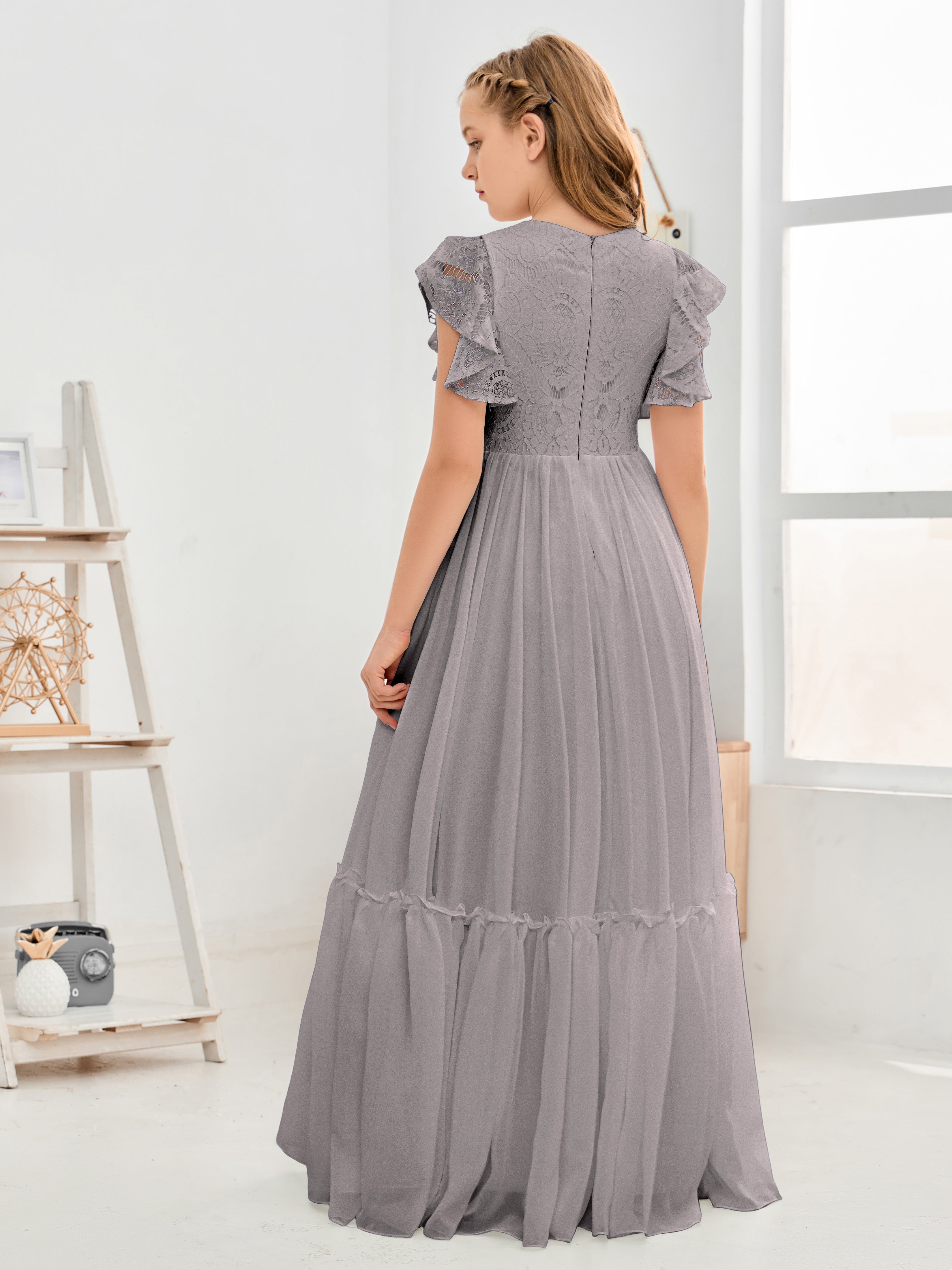 Cap Sleeves A Line Lace Top Junior Chiffon Bridesmaid Dress