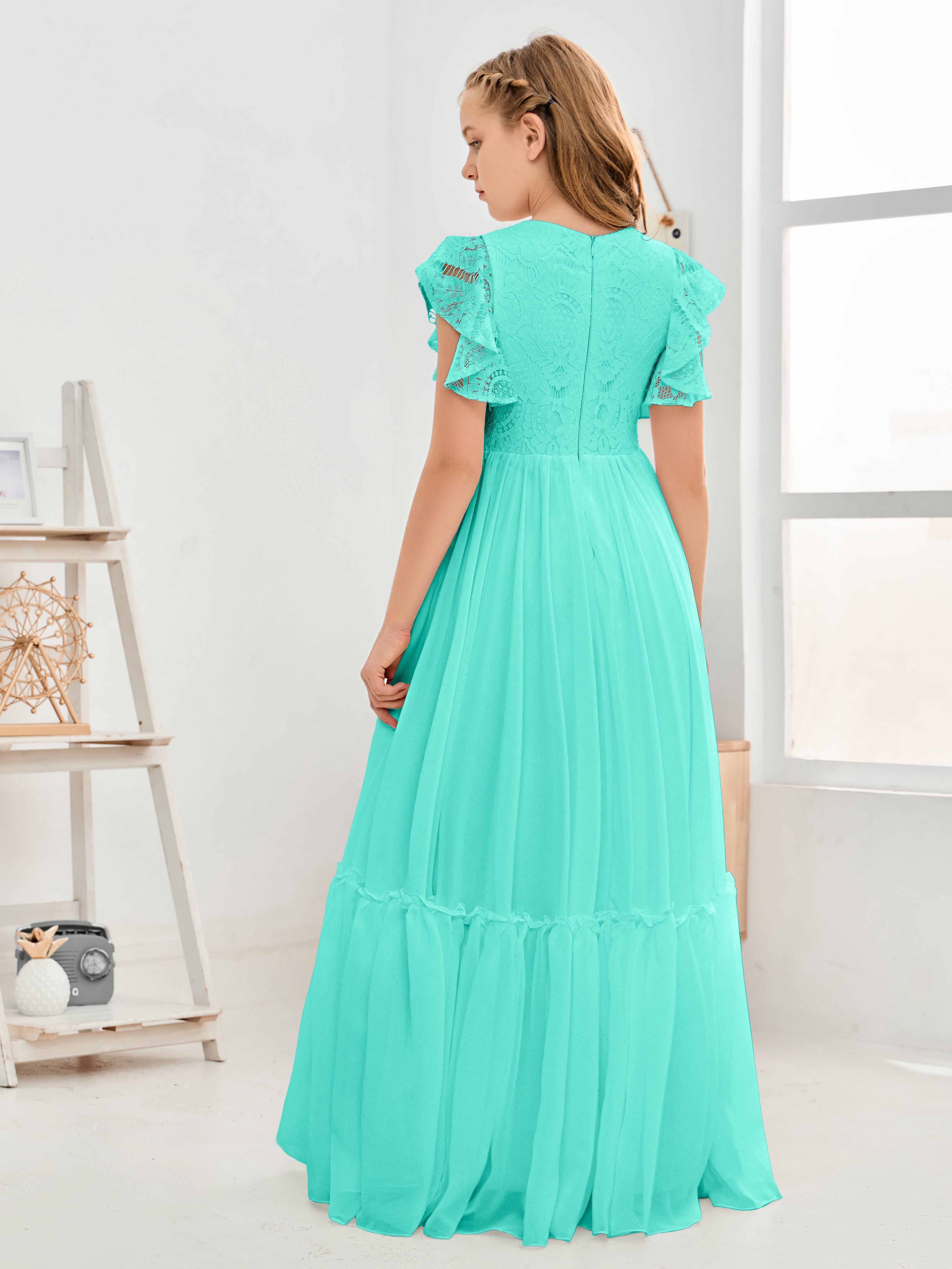 Cap Sleeves A Line Lace Top Junior Chiffon Bridesmaid Dress