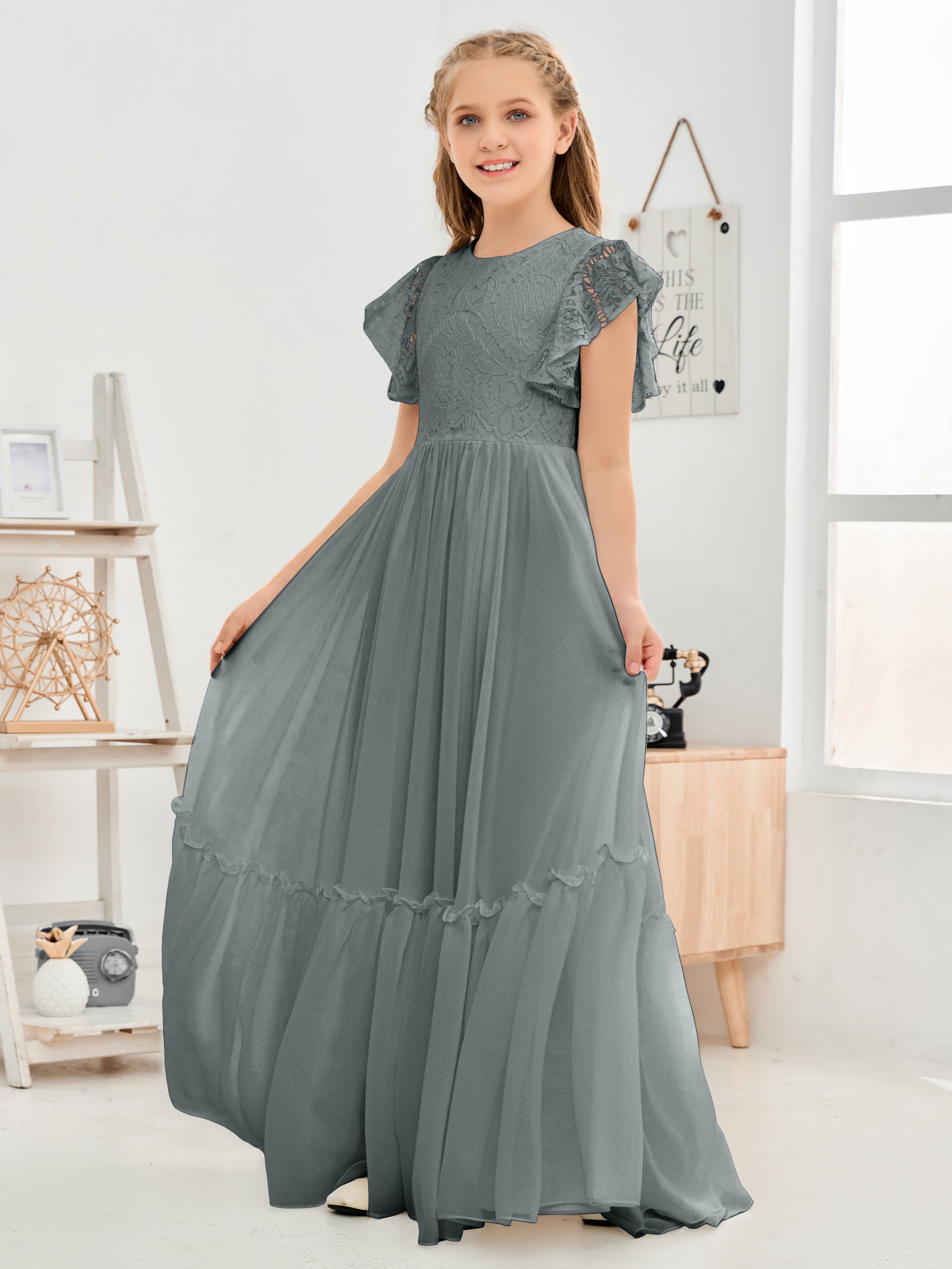 Cap Sleeves A Line Lace Top Junior Chiffon Bridesmaid Dress