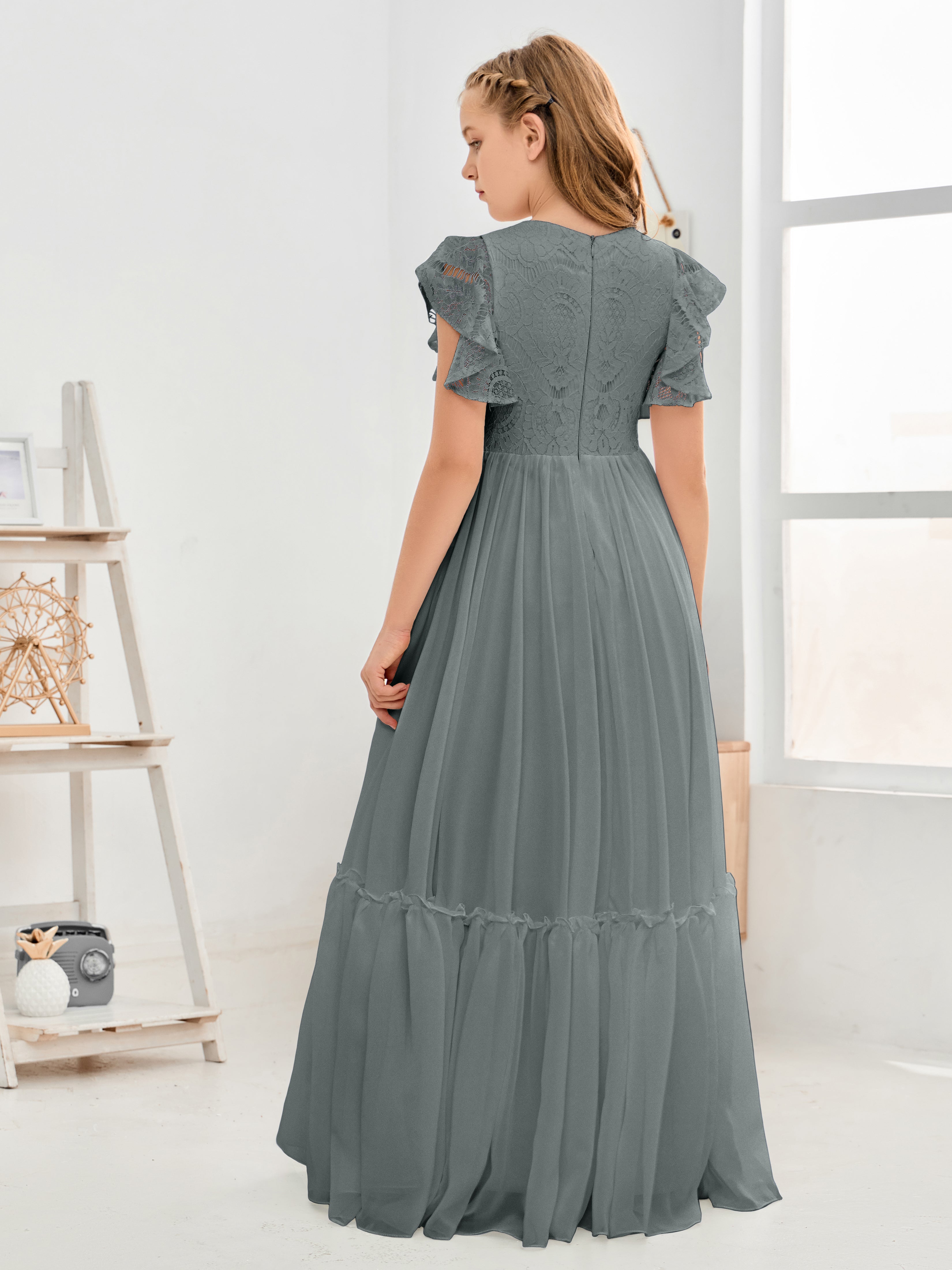 Cap Sleeves A Line Lace Top Junior Chiffon Bridesmaid Dress