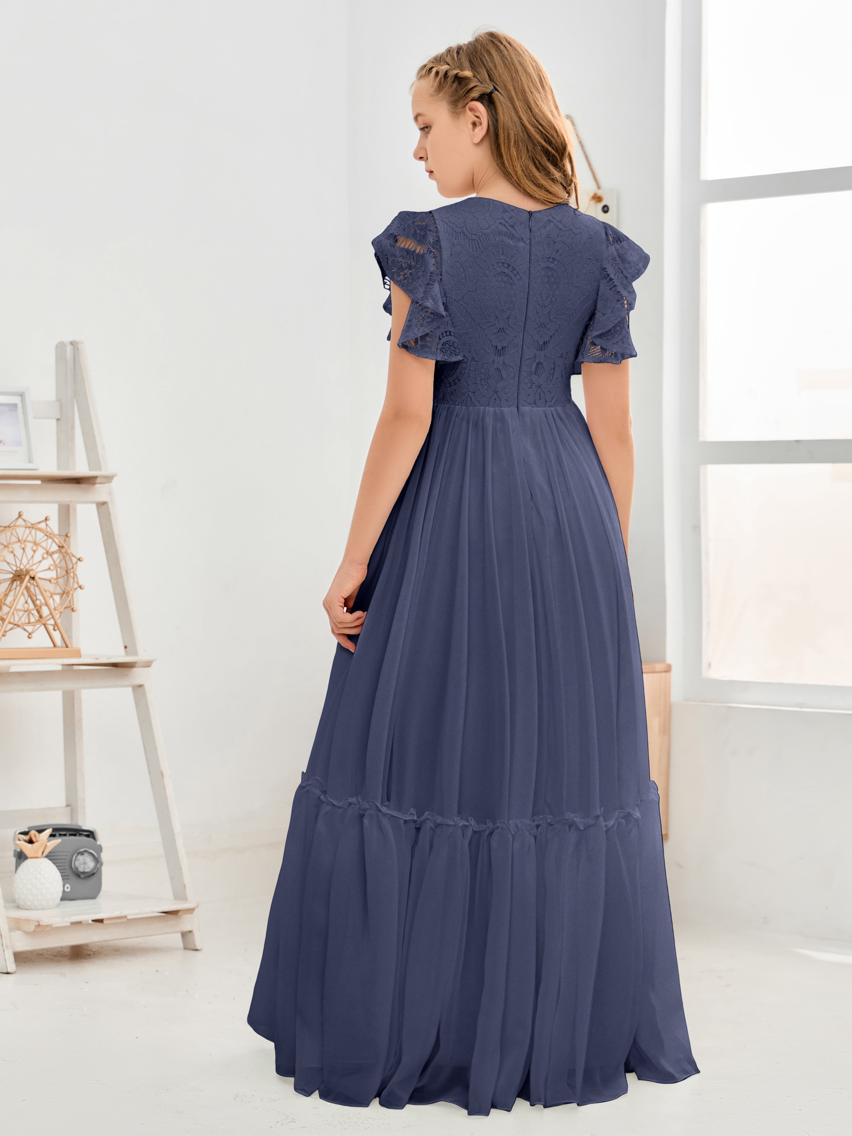 Cap Sleeves A Line Lace Top Junior Chiffon Bridesmaid Dress