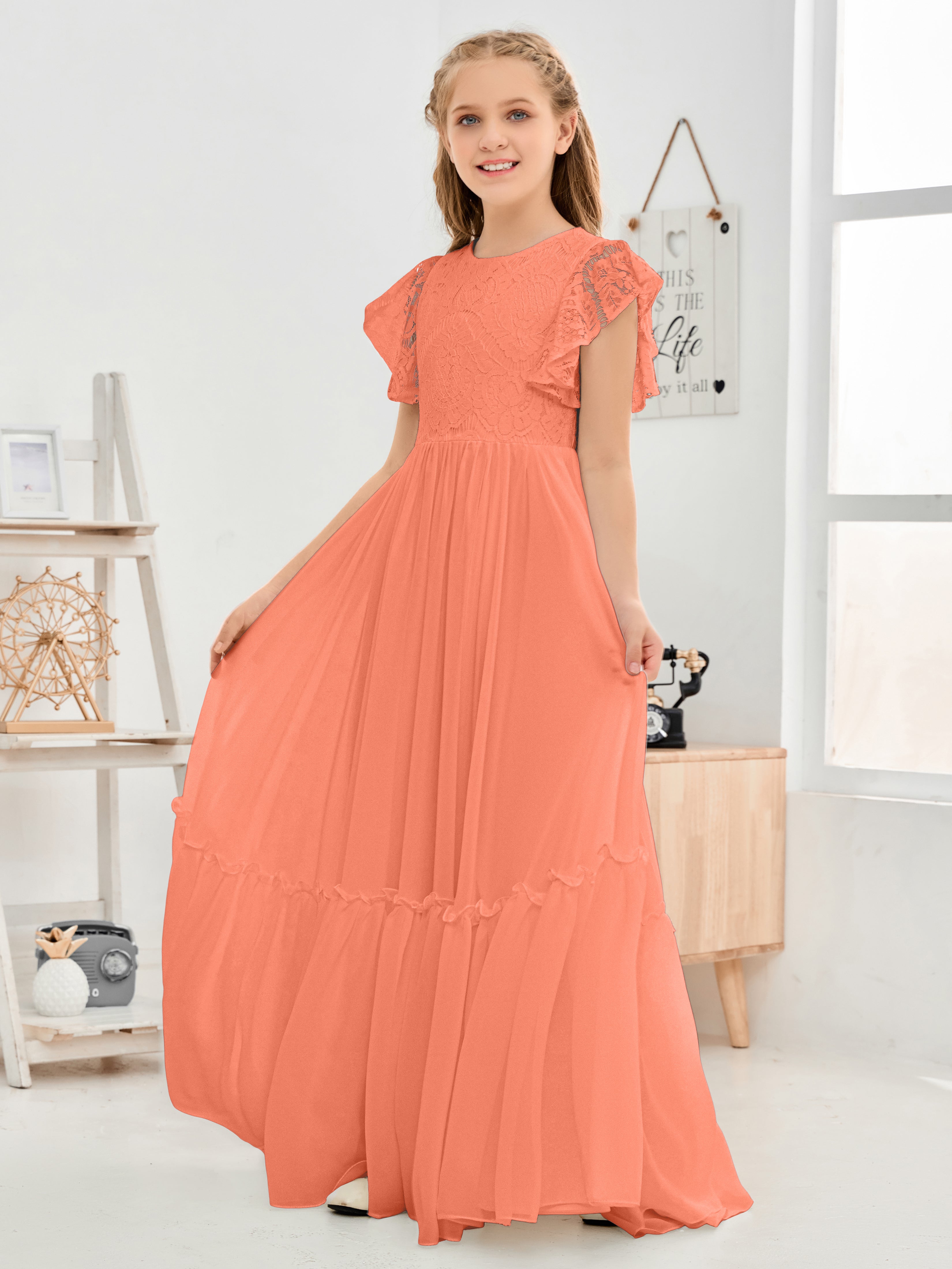 Cap Sleeves A Line Lace Top Junior Chiffon Bridesmaid Dress