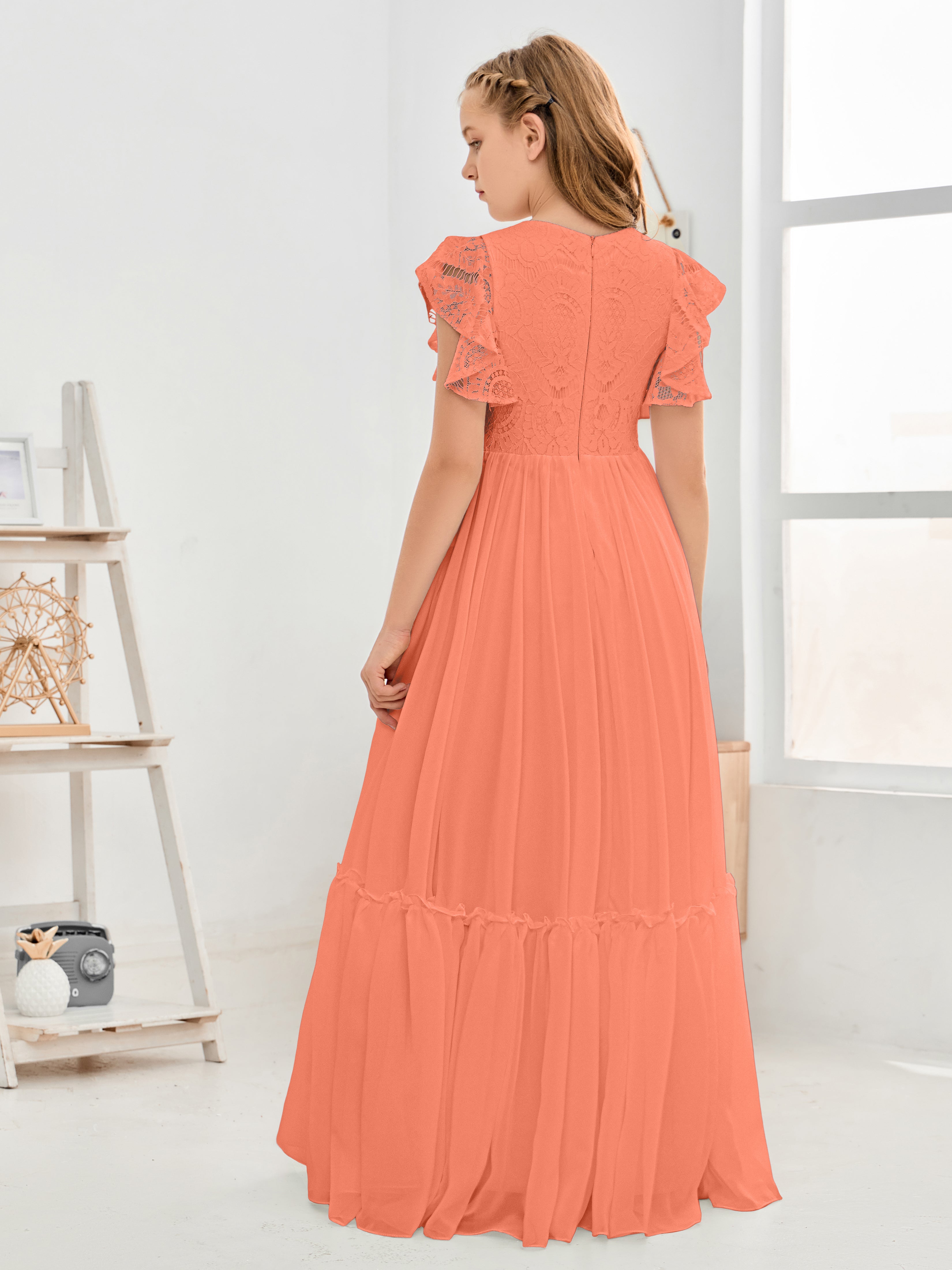 Cap Sleeves A Line Lace Top Junior Chiffon Bridesmaid Dress