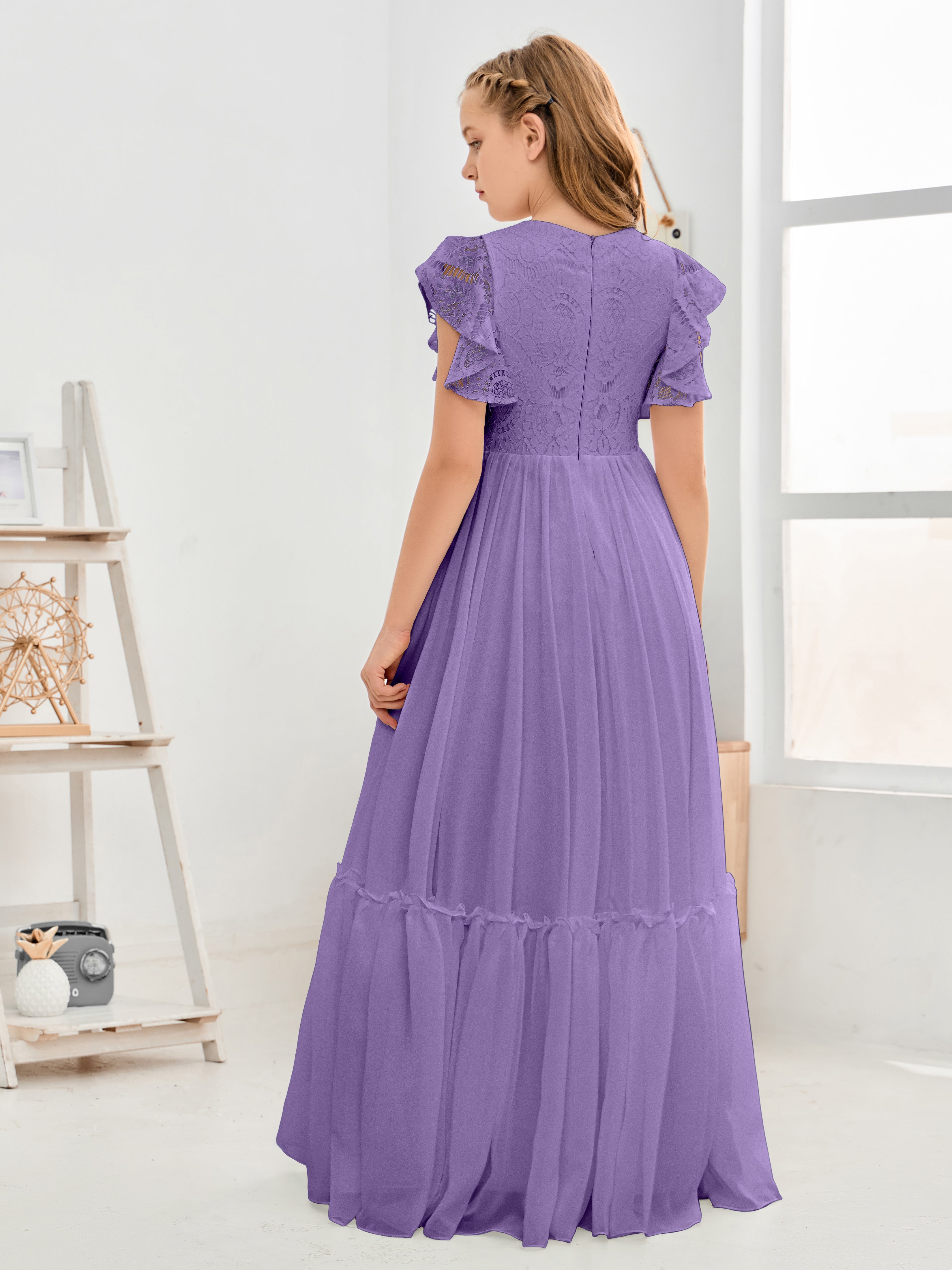 Cap Sleeves A Line Lace Top Junior Chiffon Bridesmaid Dress