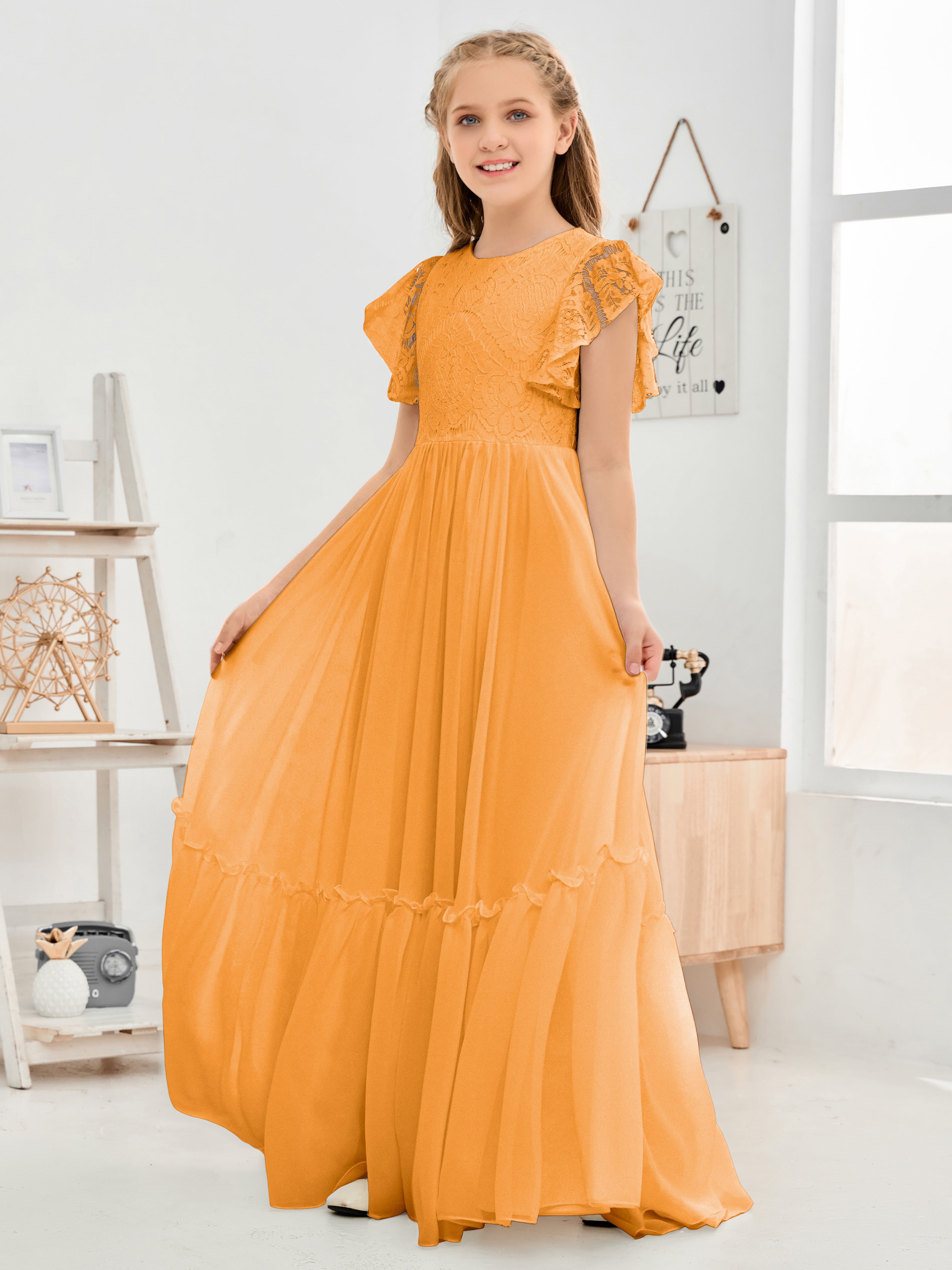 Cap Sleeves A Line Lace Top Junior Chiffon Bridesmaid Dress