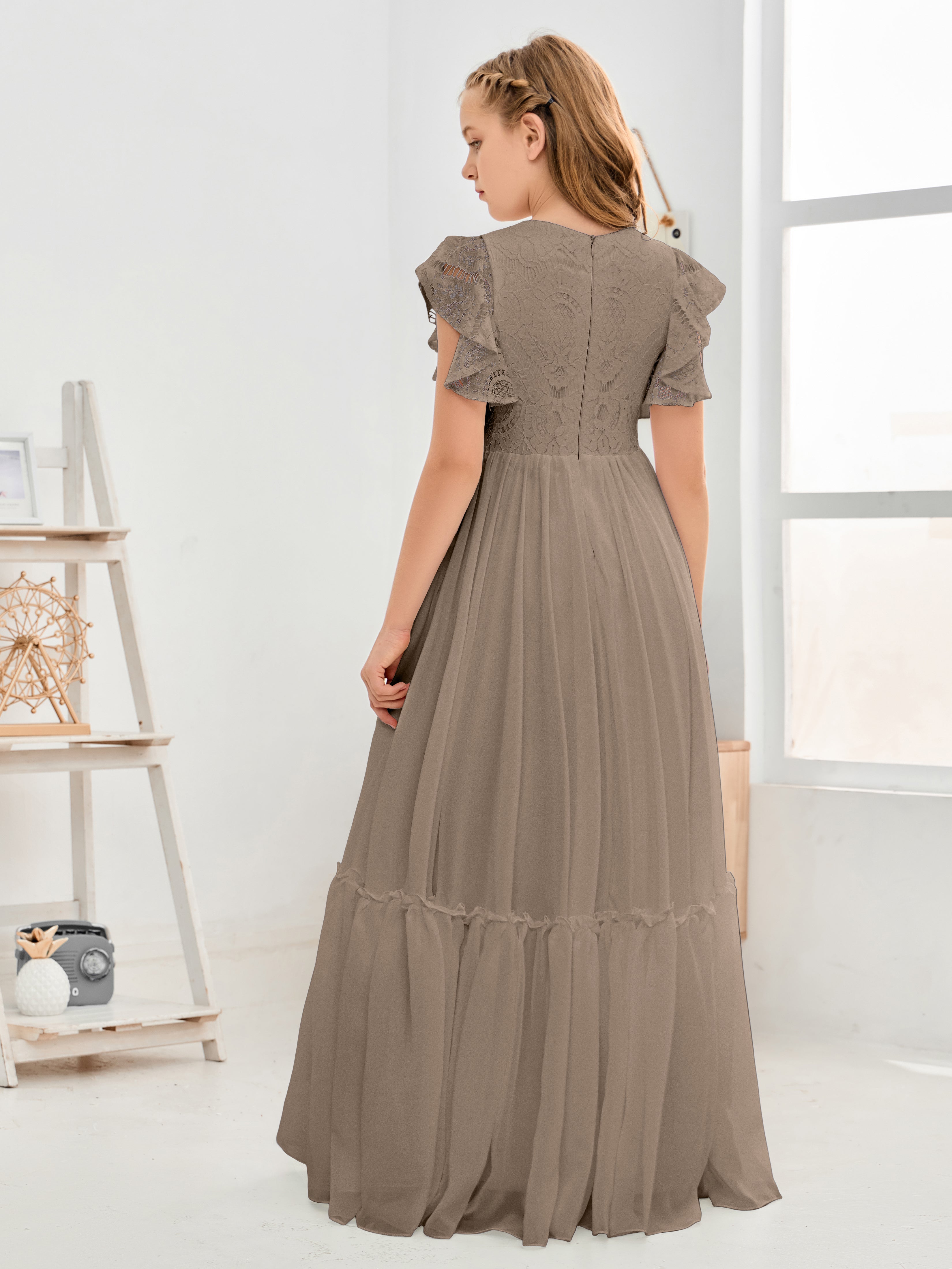 Cap Sleeves A Line Lace Top Junior Chiffon Bridesmaid Dress