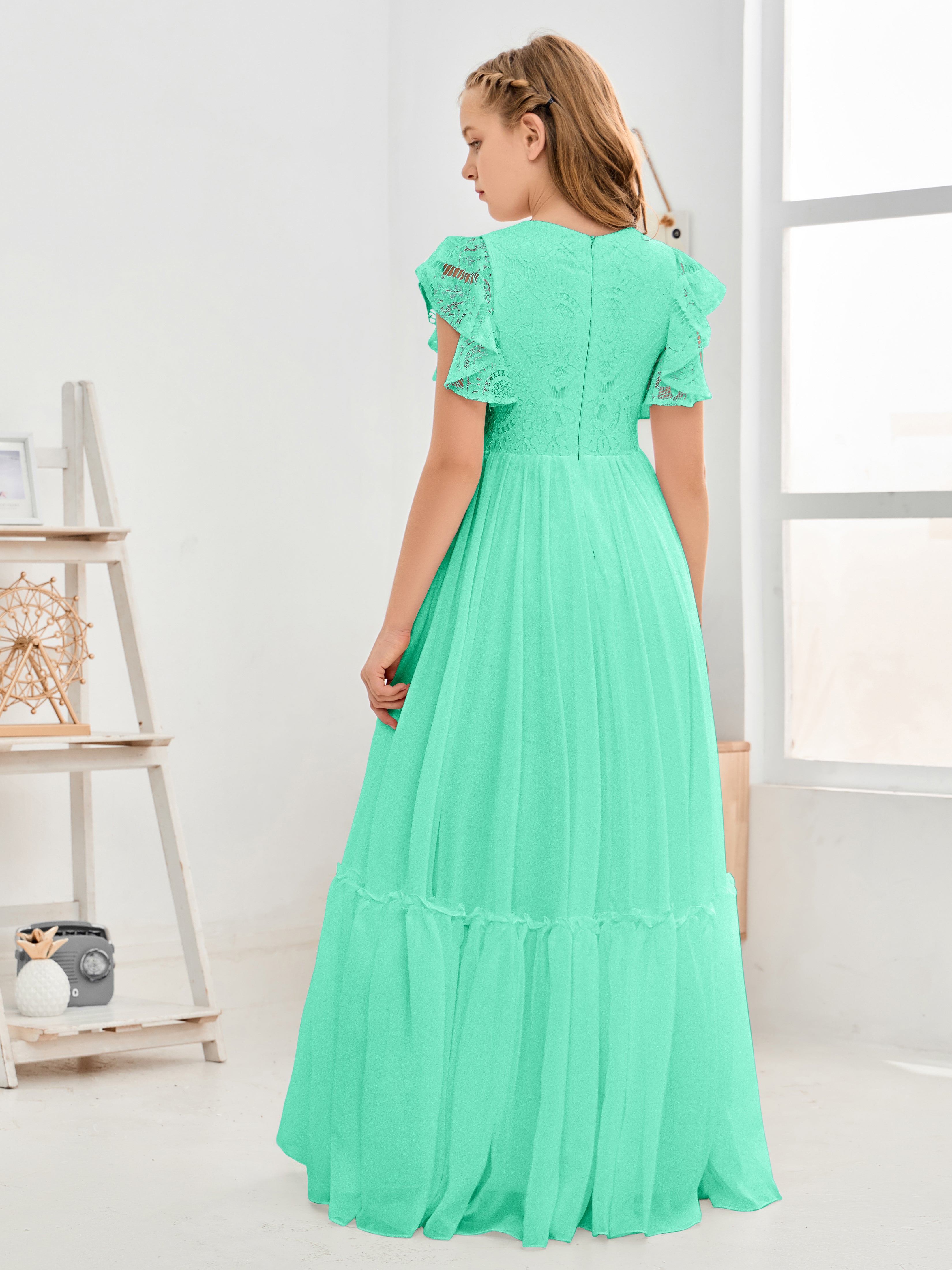 Cap Sleeves A Line Lace Top Junior Chiffon Bridesmaid Dress