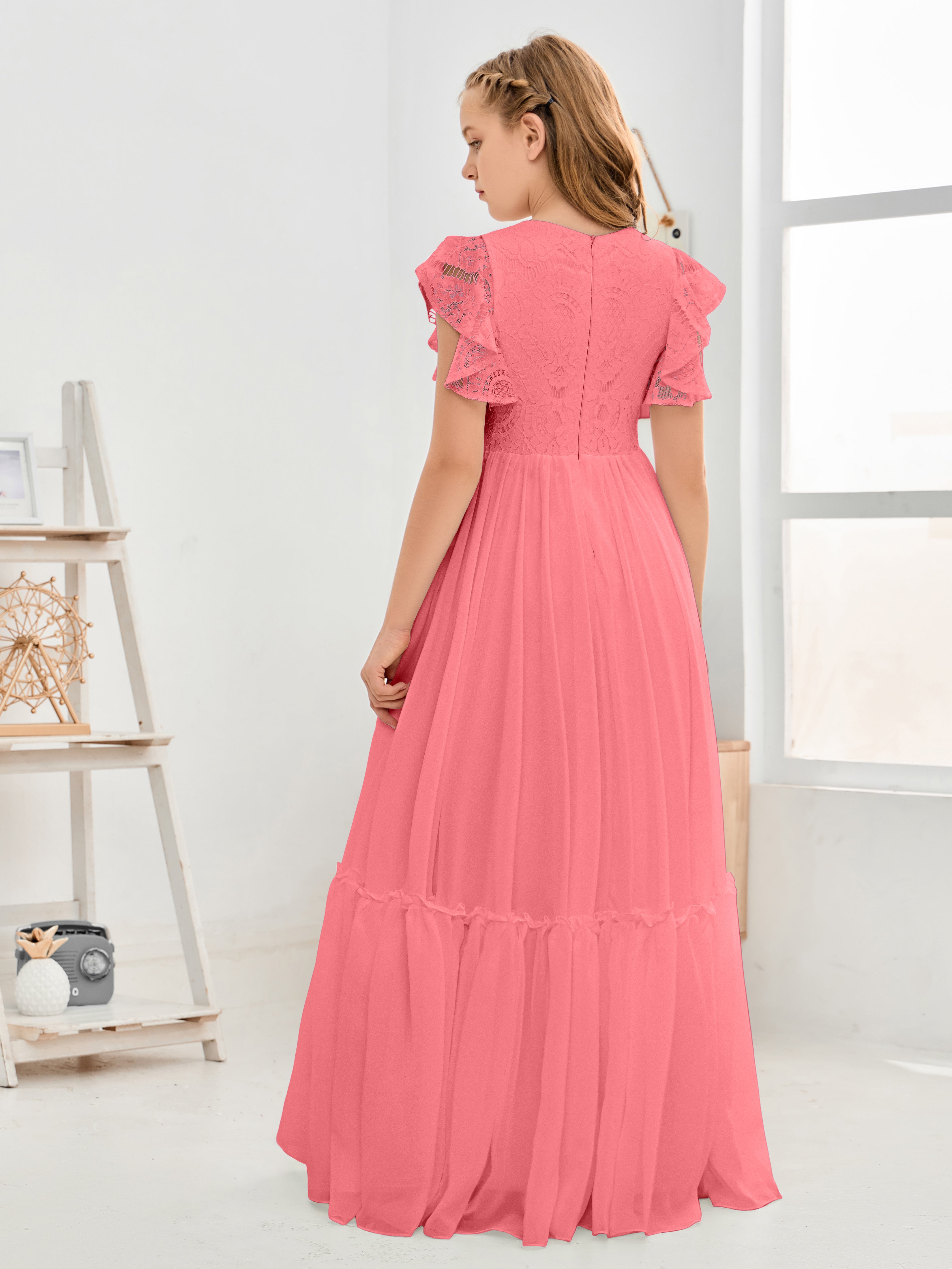 Cap Sleeves A Line Lace Top Junior Chiffon Bridesmaid Dress