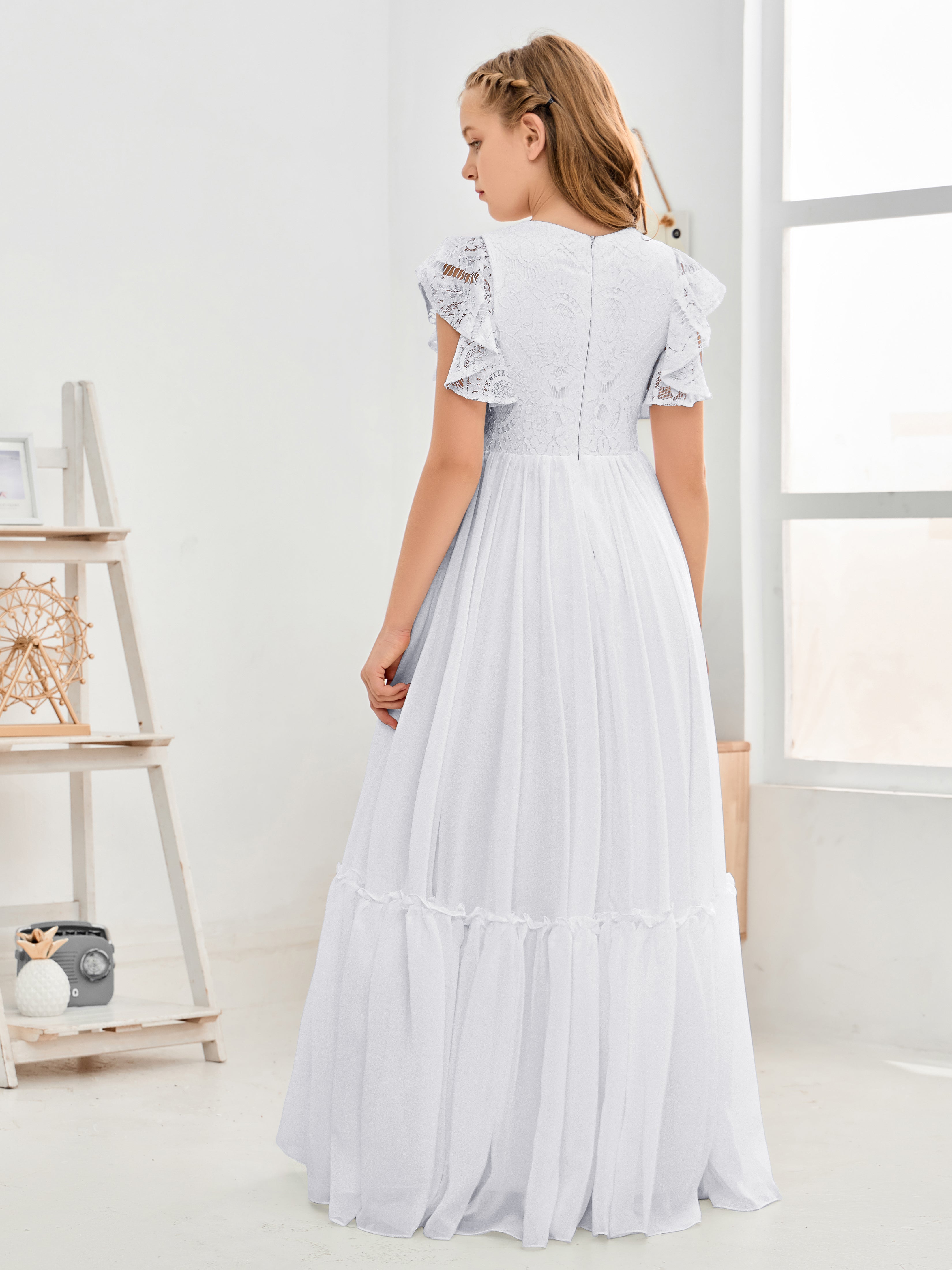 Cap Sleeves A Line Lace Top Junior Chiffon Bridesmaid Dress