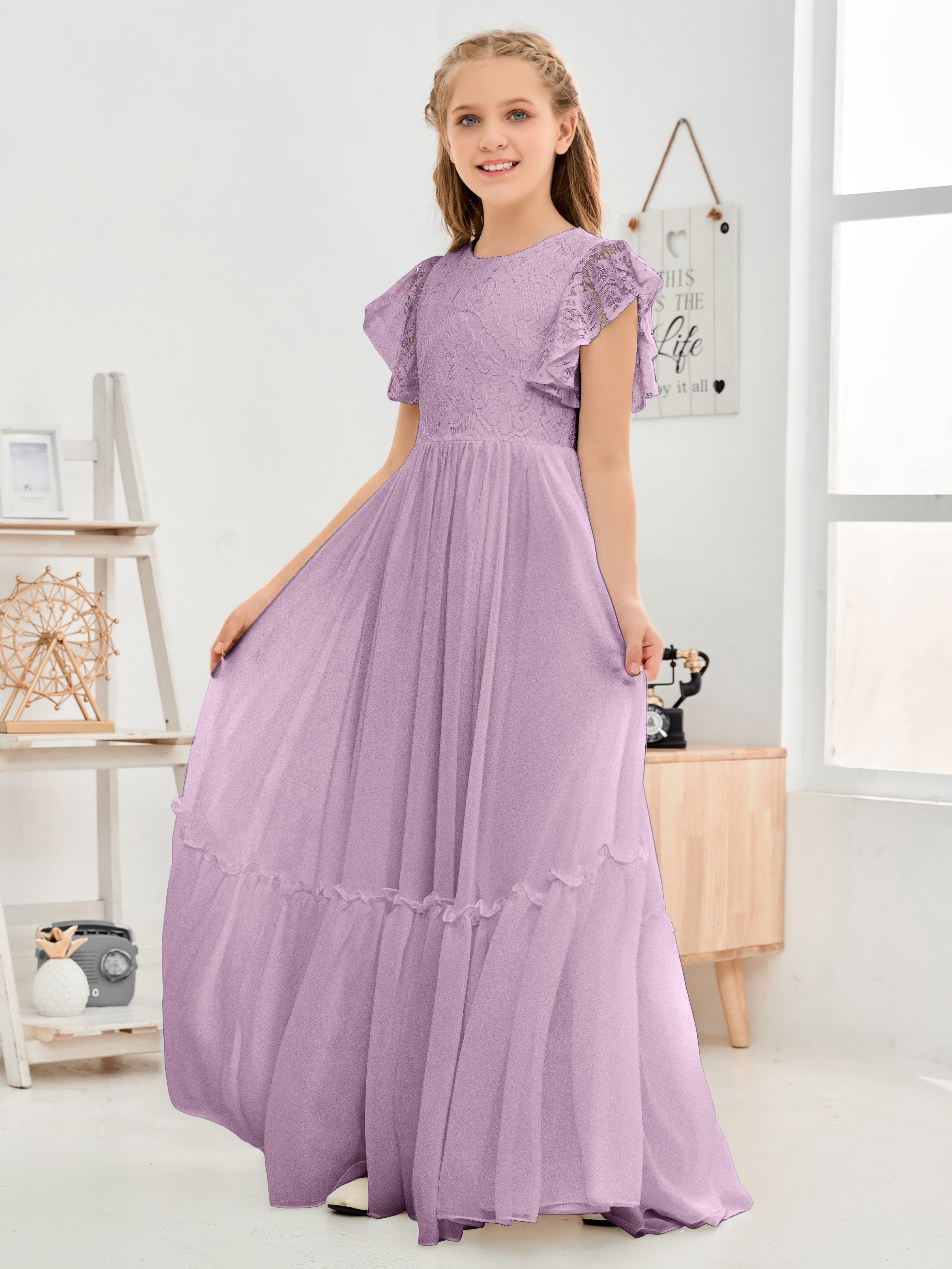 Cap Sleeves A Line Lace Top Junior Chiffon Bridesmaid Dress