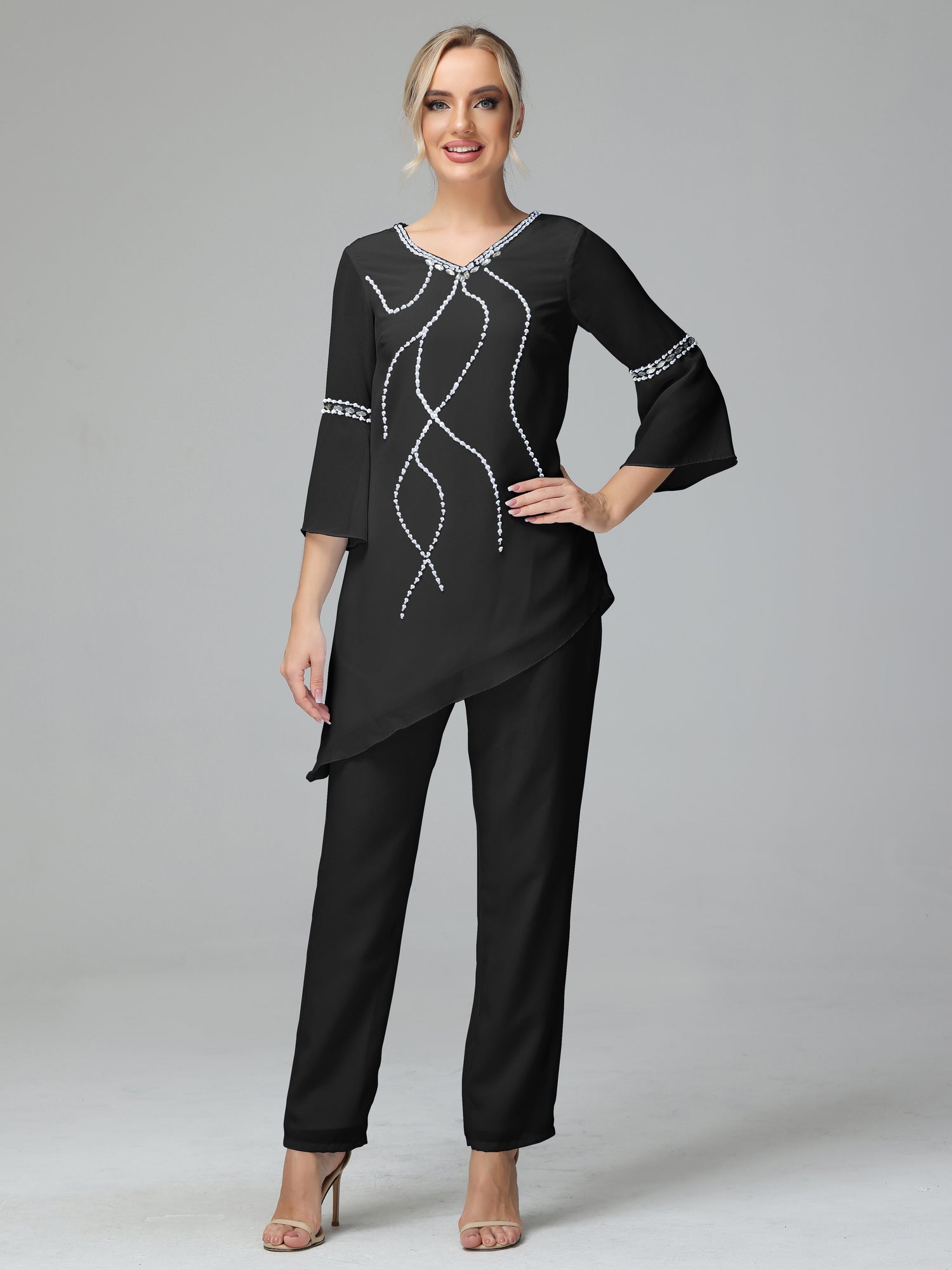 Chic Black Three Piece Mother Of The Bride Pant Suit With V Neck, Long  Sleeves, And Plus Size Jackets Perfect For Weddings And Evening Events  Available In Plus Sizes From Weddingteam, $86.32