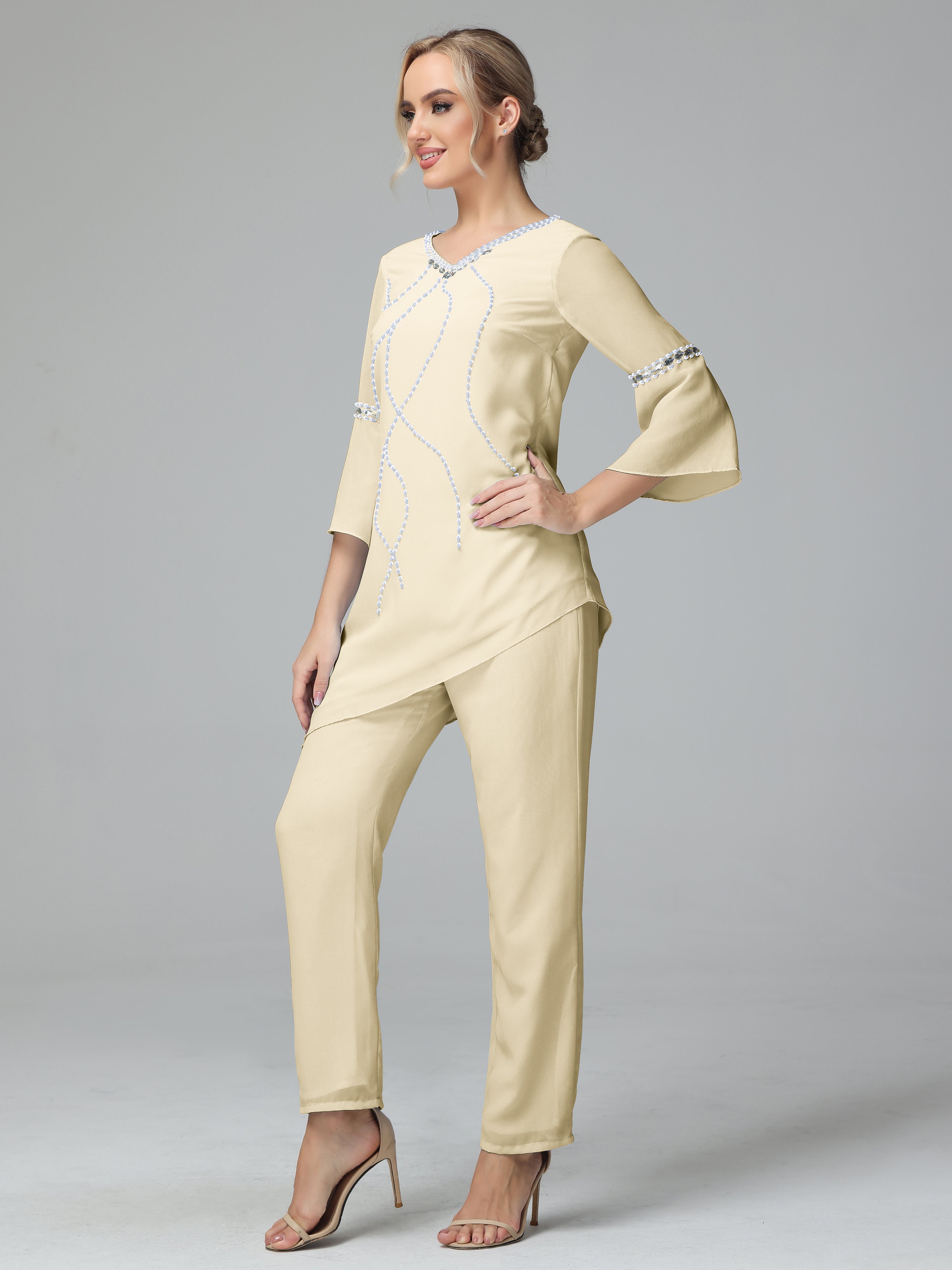 Chiffon Long Sleeves V Neck Mother Of The Bride Dress Pants Suits