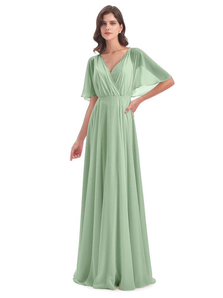 Hazel V-Neck Short Sleeves Chiffon Long Bridesmaid Dresses