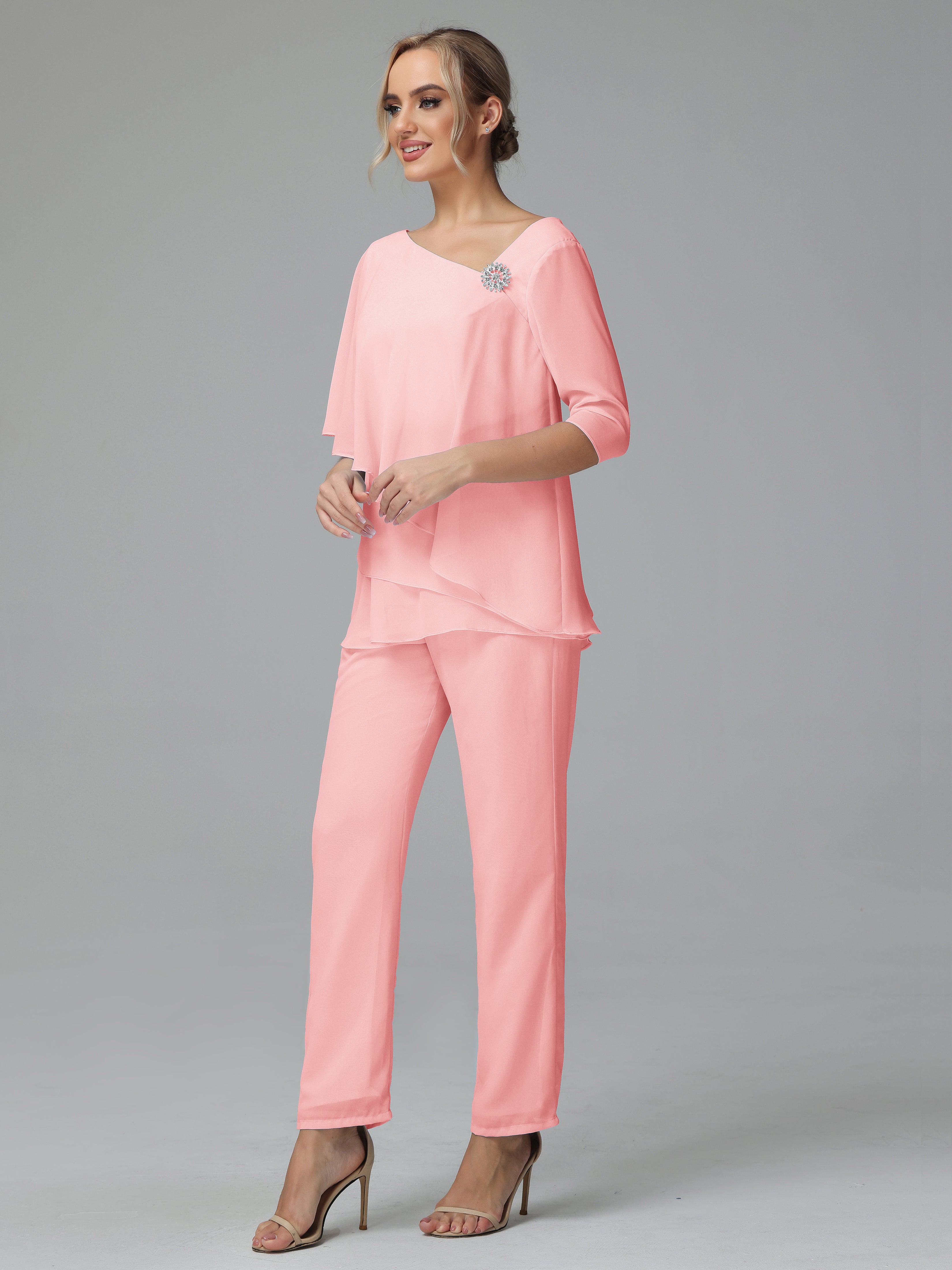 Half Sleeves Chiffon Mother Of The Bride Dress Pant Suits