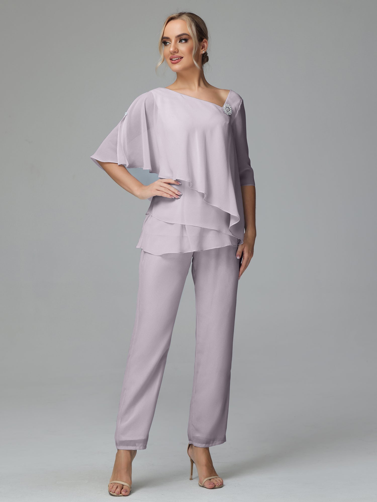 Elegant Silk Chiffon Short Sleeve Tiered Mother Of The Bride Pant