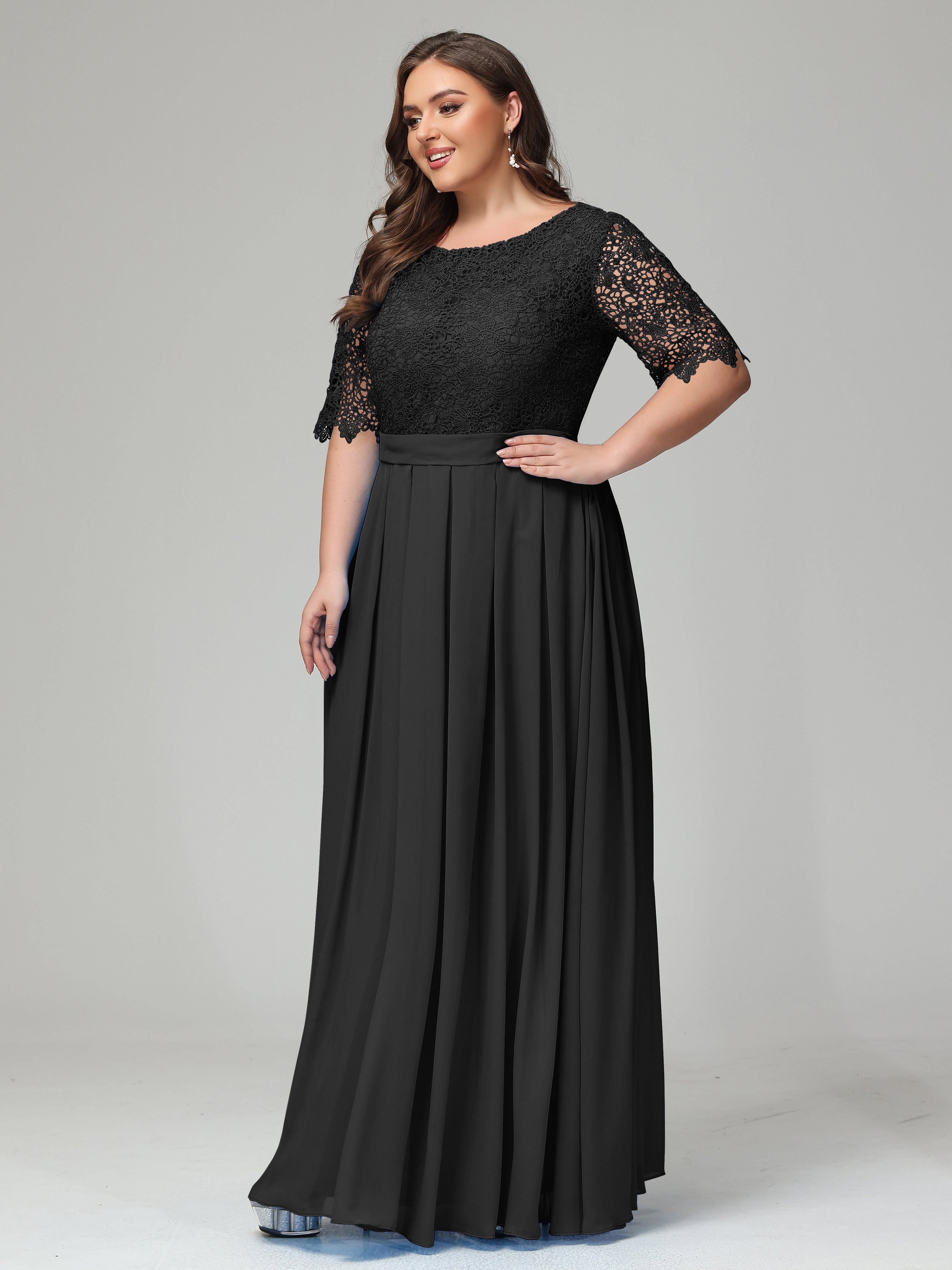 Illussion Neckline and Back Half Sleeves Scoop Lace Plus Size Bridesmaid Dresses