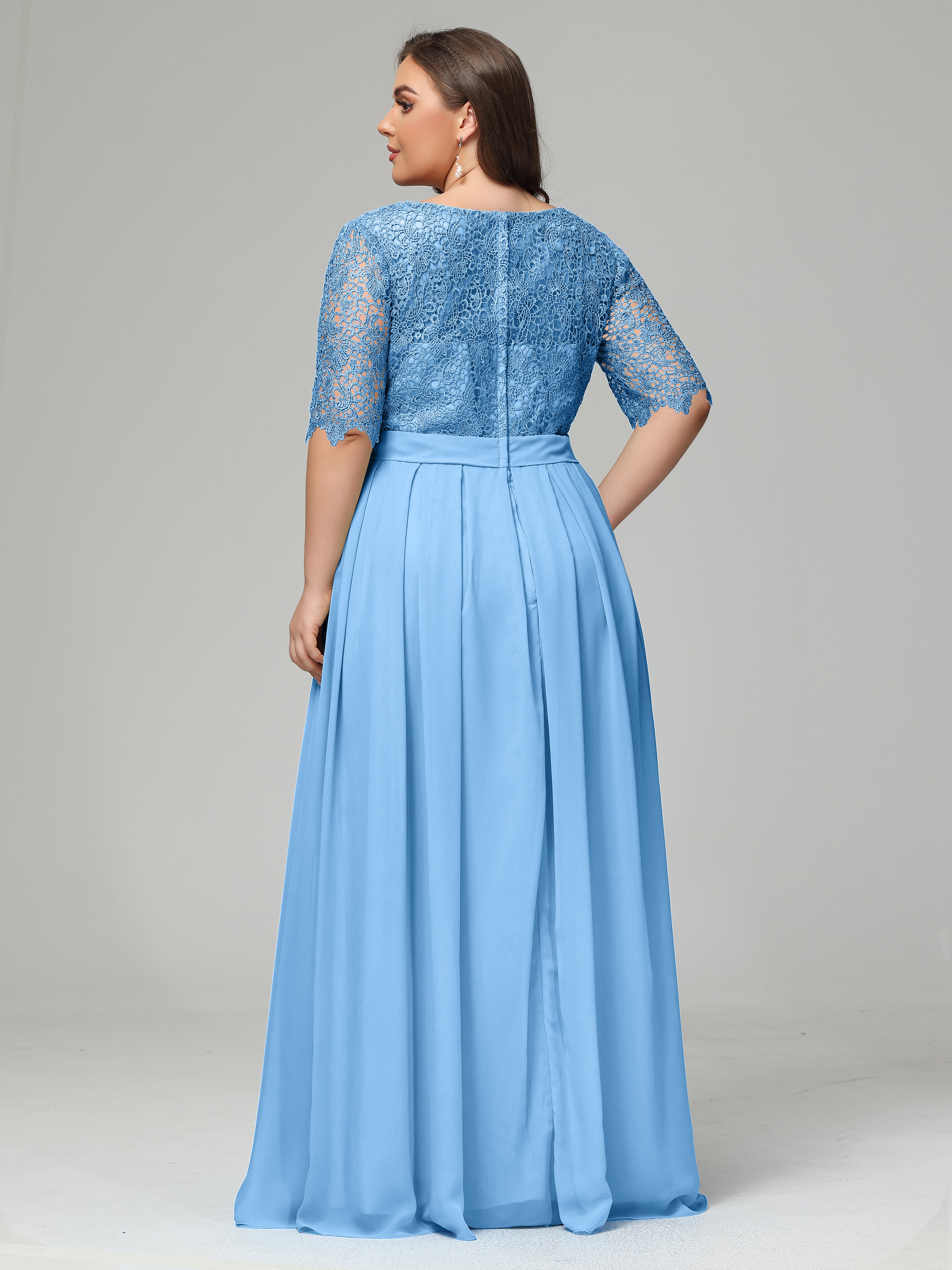 Illussion Neckline and Back Half Sleeves Scoop Lace Plus Size Bridesmaid Dresses