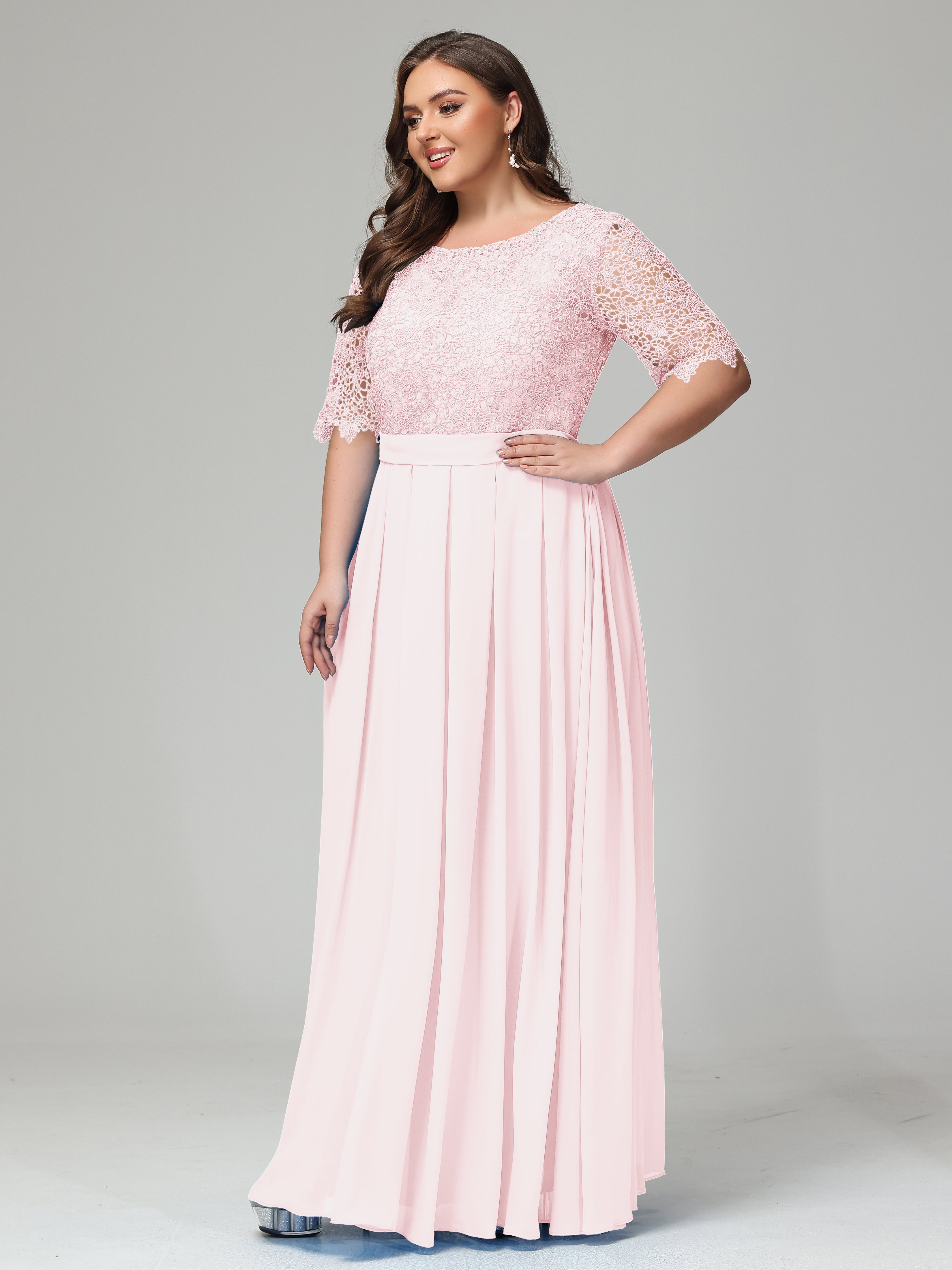 Illussion Neckline and Back Half Sleeves Scoop Lace Plus Size Bridesmaid Dresses