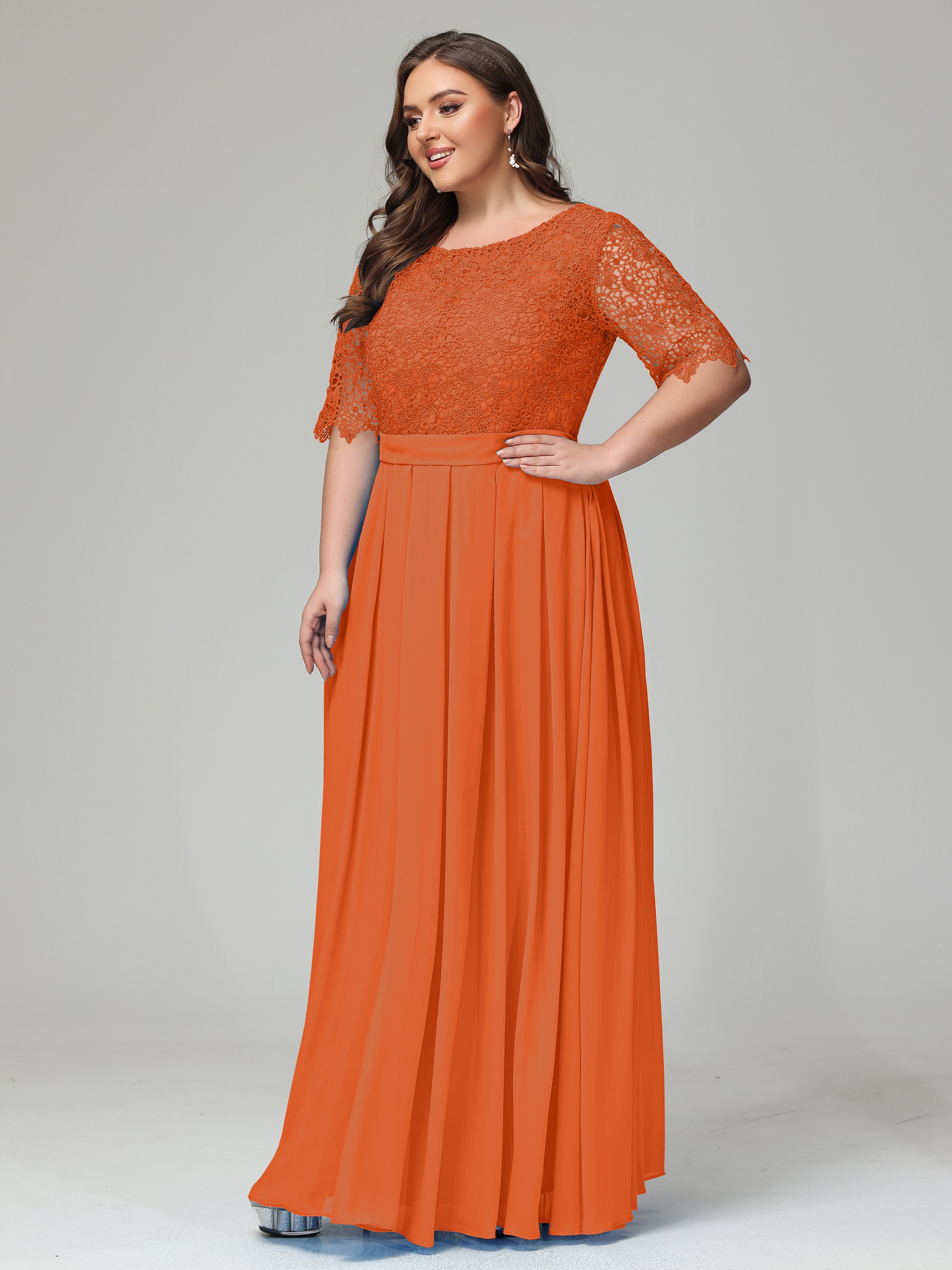 Illussion Neckline and Back Half Sleeves Scoop Lace Plus Size Bridesmaid Dresses