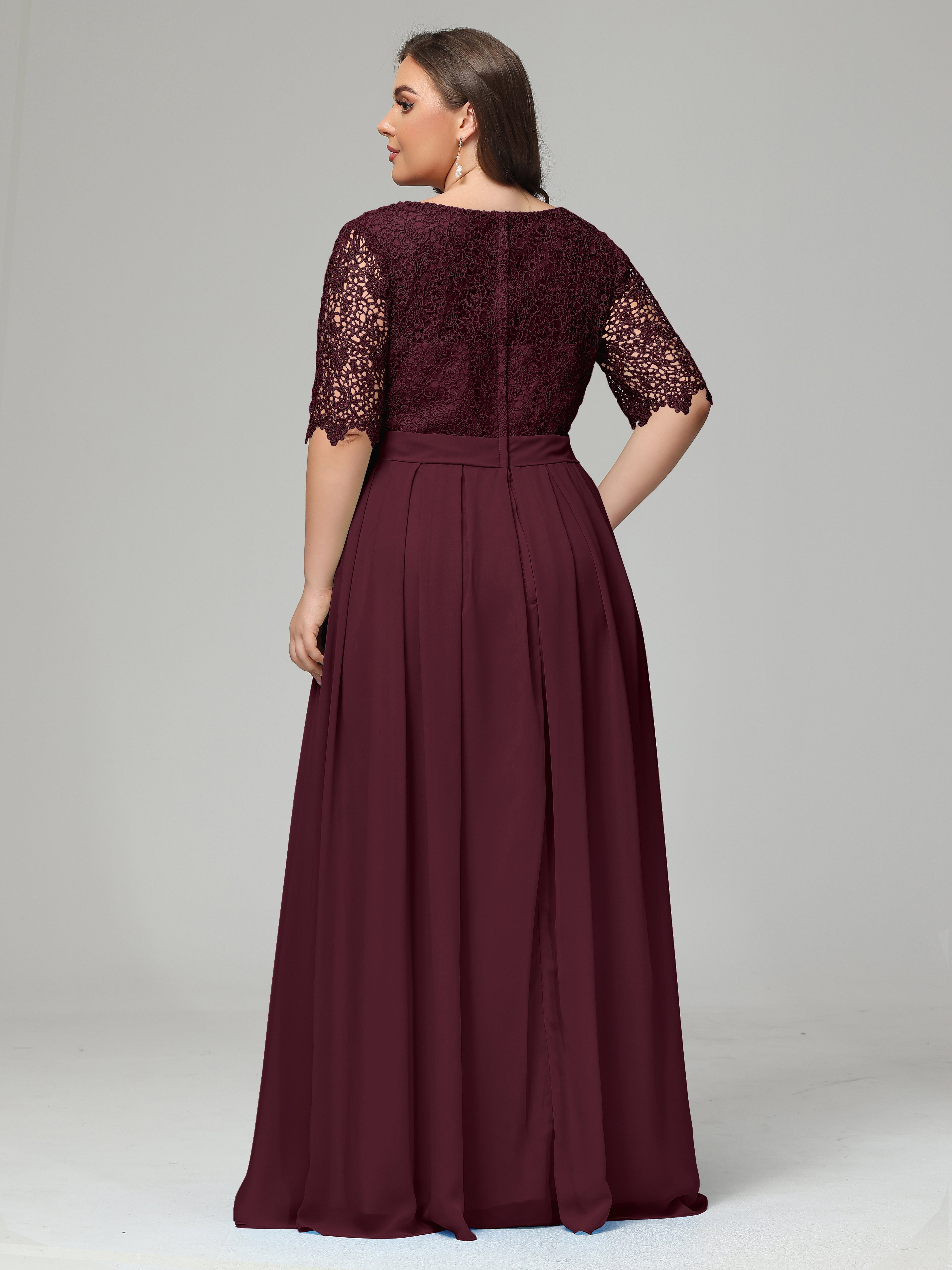 Illussion Neckline and Back Half Sleeves Scoop Lace Plus Size Bridesmaid Dresses