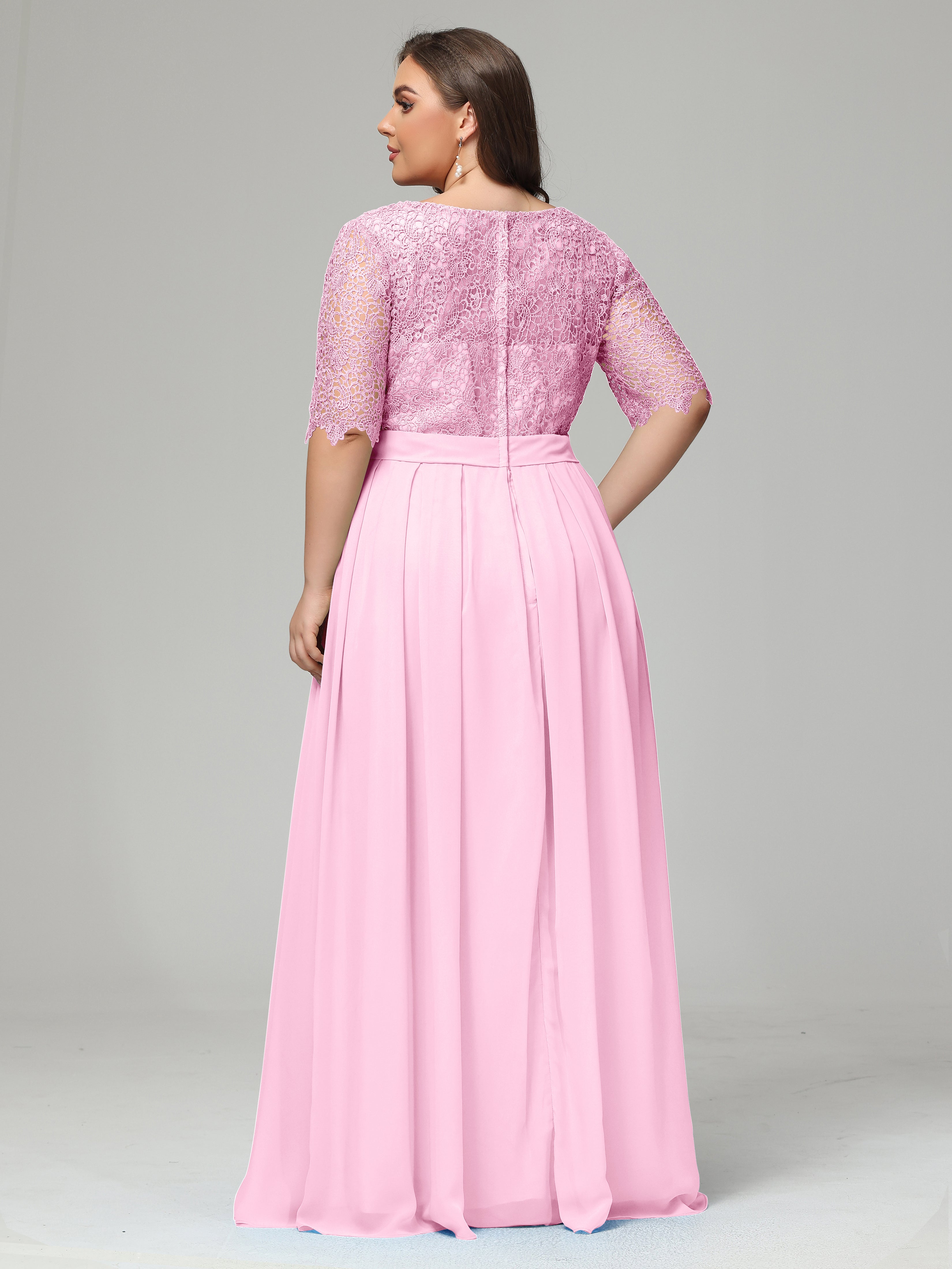 Illussion Neckline and Back Half Sleeves Scoop Lace Plus Size Bridesmaid Dresses