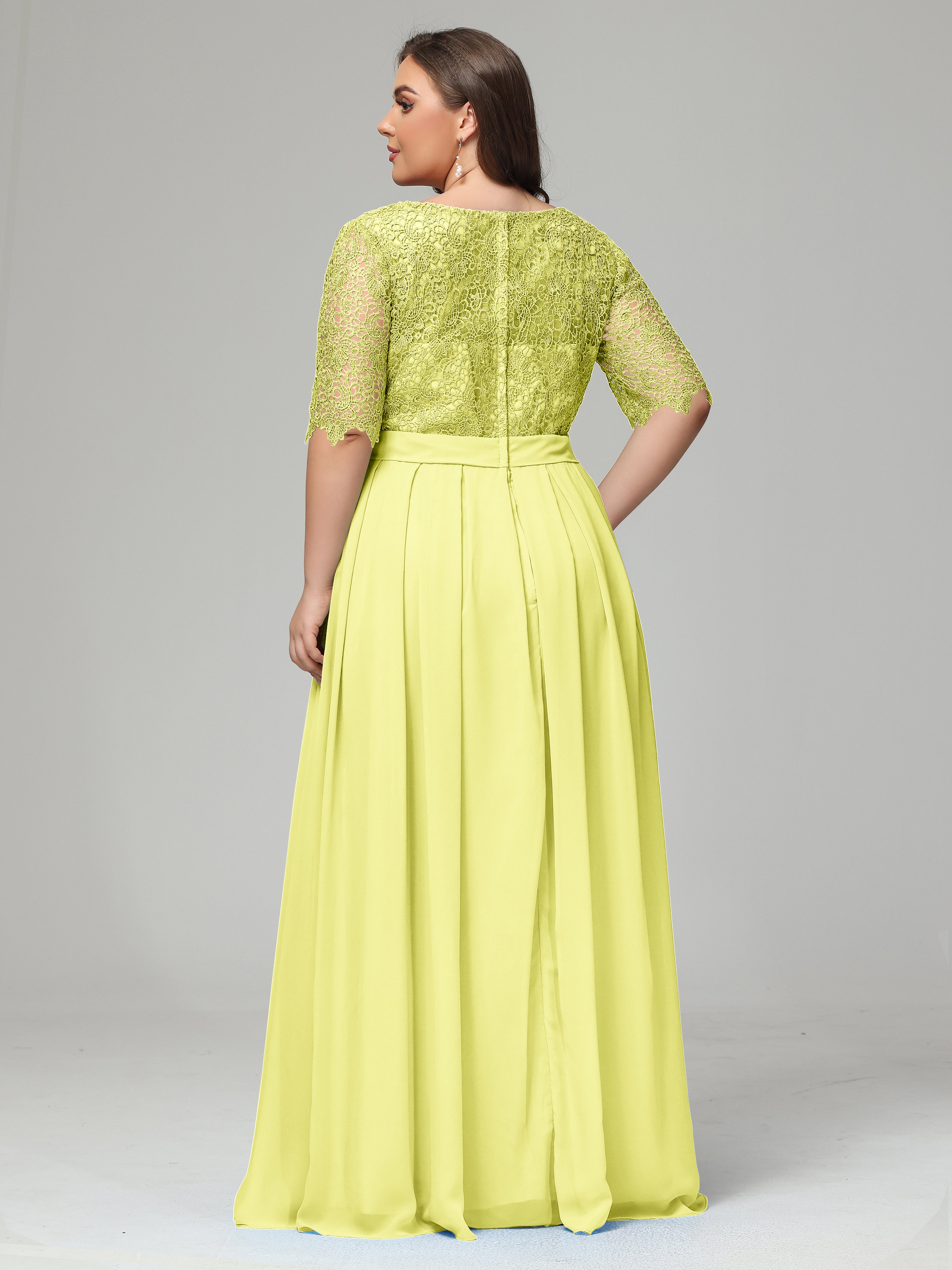 Illussion Neckline and Back Half Sleeves Scoop Lace Plus Size Bridesmaid Dresses