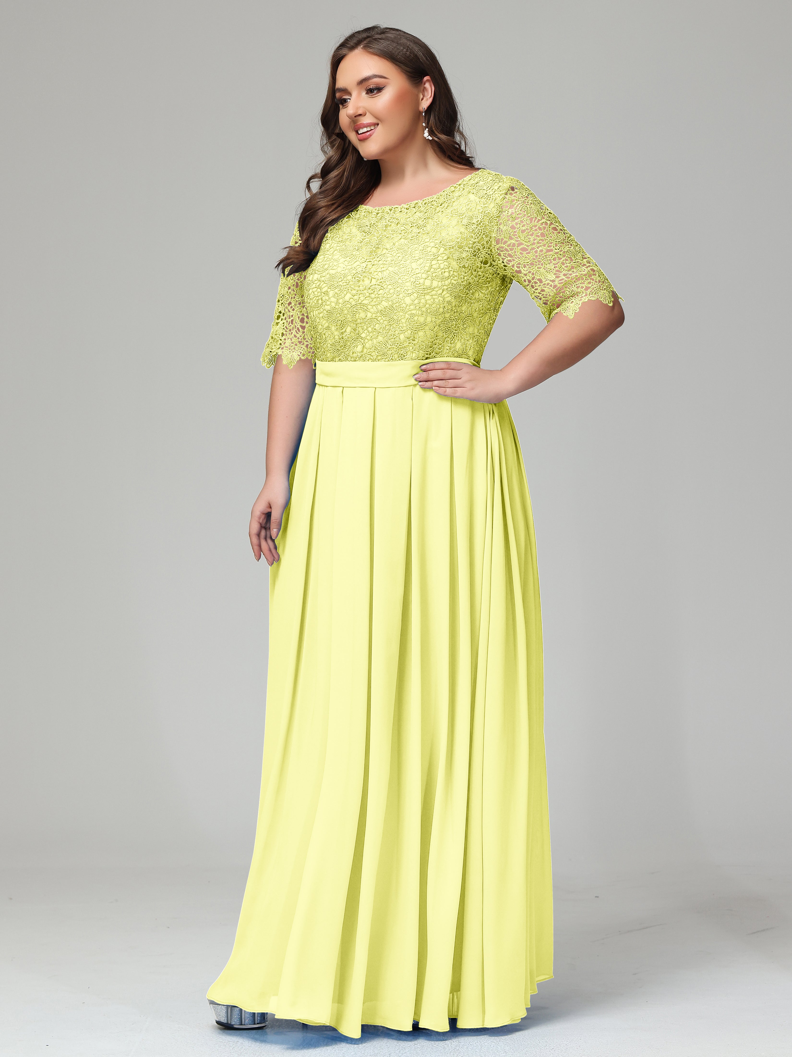 Illussion Neckline and Back Half Sleeves Scoop Lace Plus Size Bridesmaid Dresses