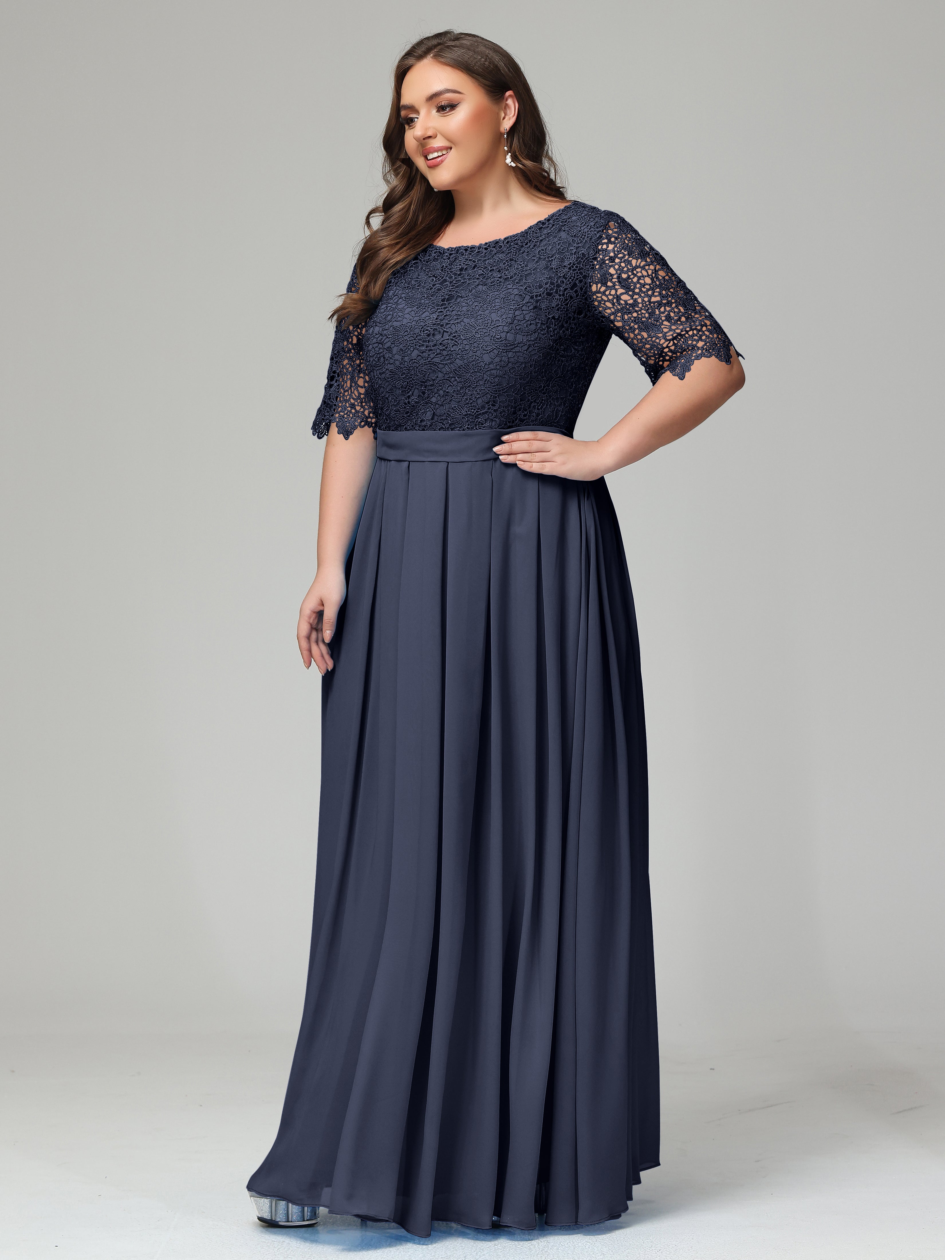 Illussion Neckline and Back Half Sleeves Scoop Lace Plus Size Bridesmaid Dresses