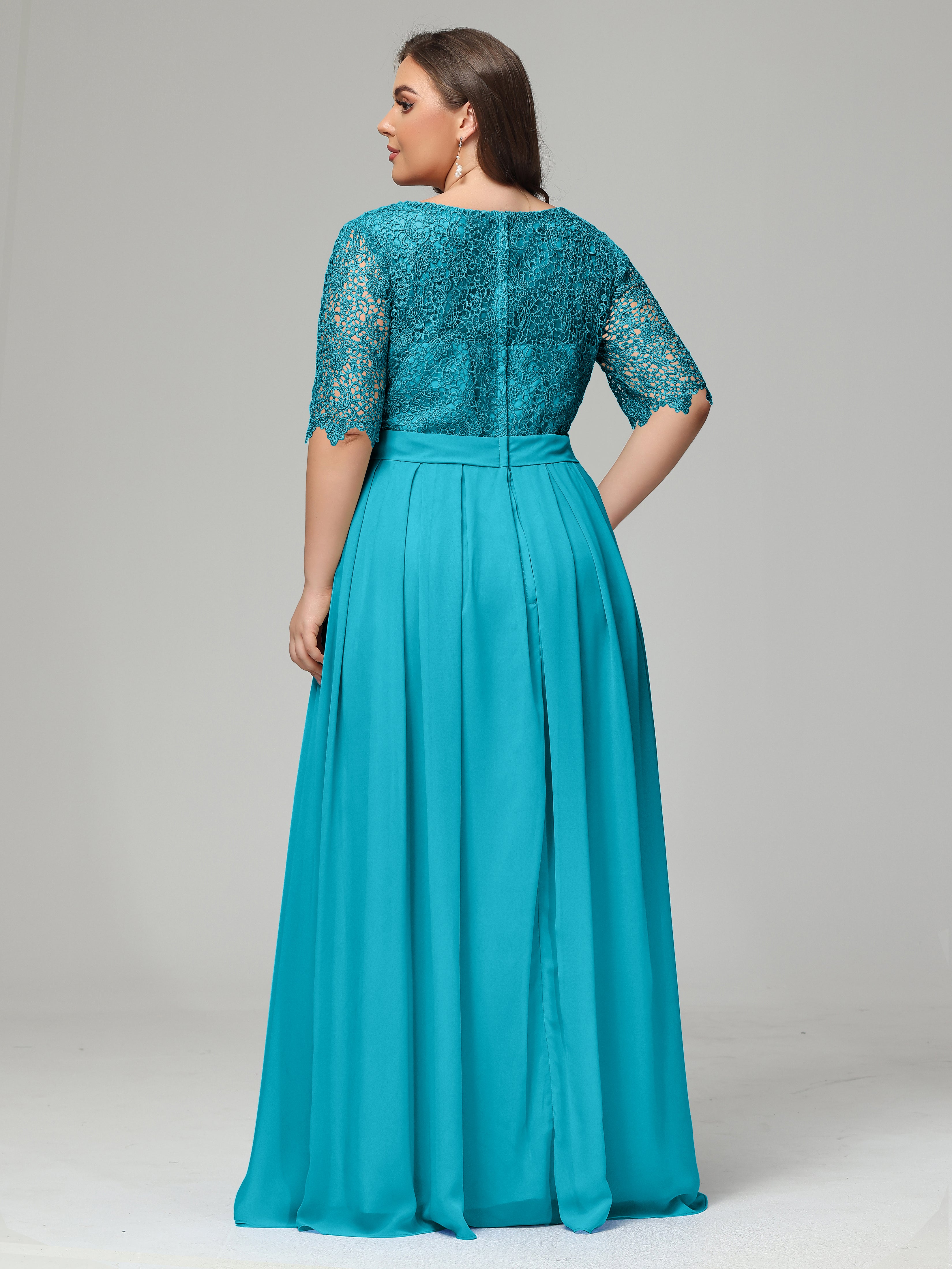 Illussion Neckline and Back Half Sleeves Scoop Lace Plus Size Bridesmaid Dresses