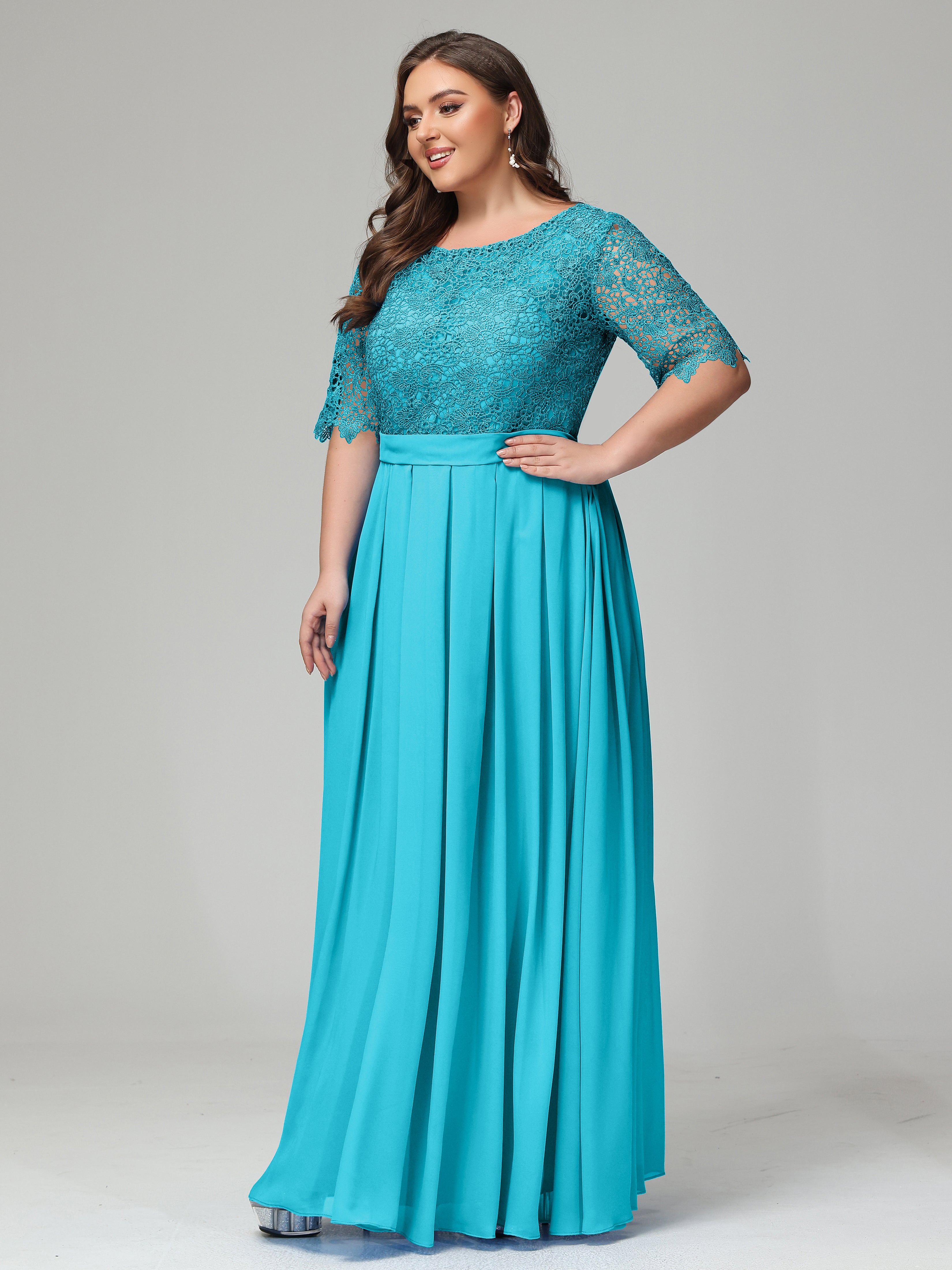 Illussion Neckline and Back Half Sleeves Scoop Lace Plus Size Bridesmaid Dresses