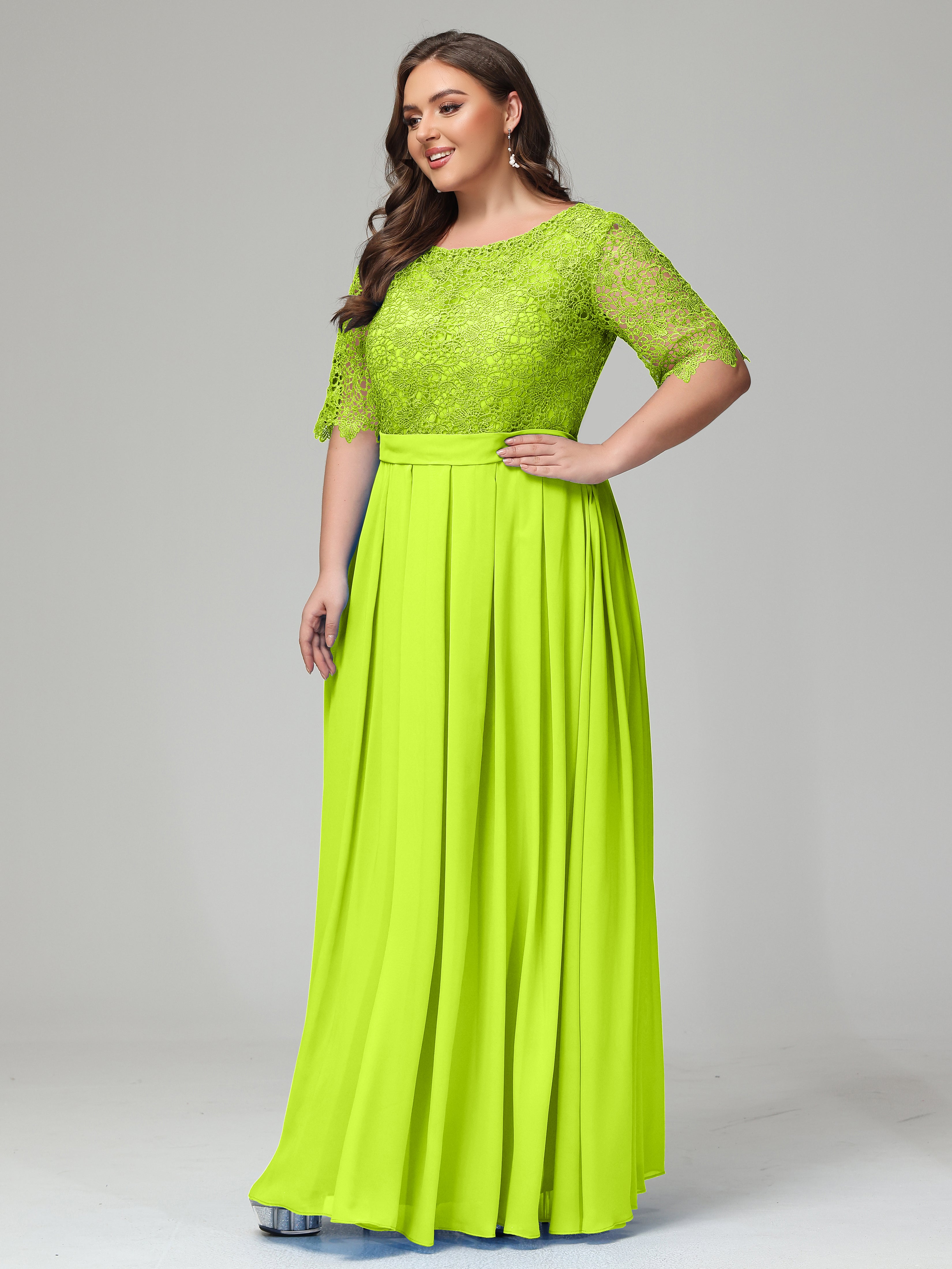 Illussion Neckline and Back Half Sleeves Scoop Lace Plus Size Bridesmaid Dresses